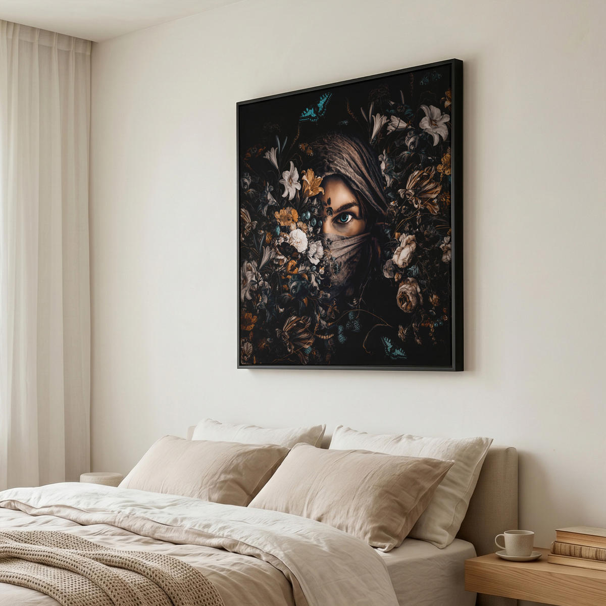 LEINWAND Bilder mit Rahmen - Frau - Luxus - Blumen - Schmetterling - Porträt - 90x90 - Schwarz, Textil (90/90cm) - MuchoWow