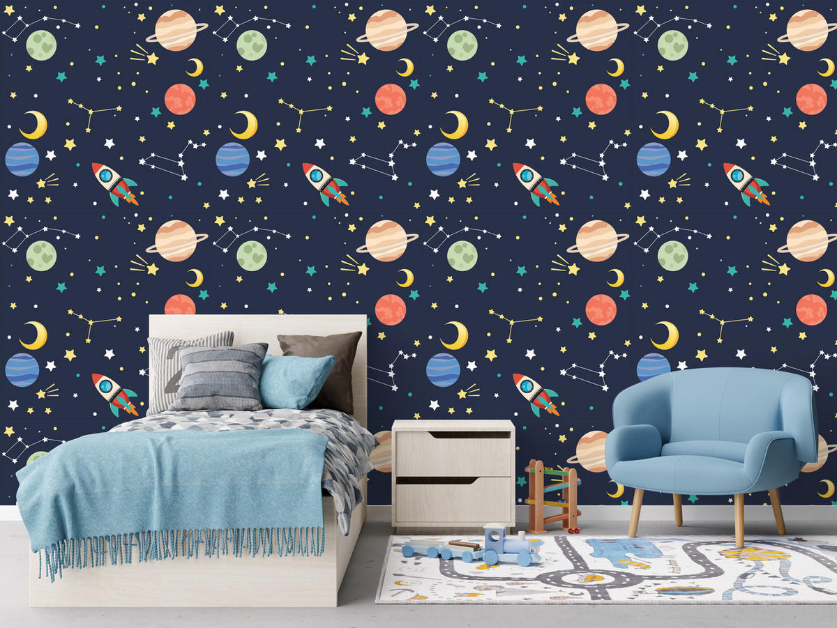 VLIESTAPETE Weltraum, Planeten und Raketen – Dunkelblau, Bunt – 50x1000 cm - Multicolor/Dunkelblau, Papier (50/1000cm) - Muralo