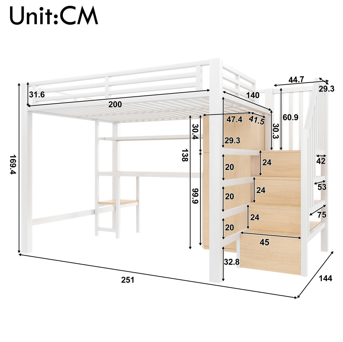 HOCHBETT Metall 140/200 cm mit Schreibtisch, Regal, Kleiderschrank und LED-Beleuchtung, Weiß - Weiß, Holzwerkstoff (140/200cm) - Redom