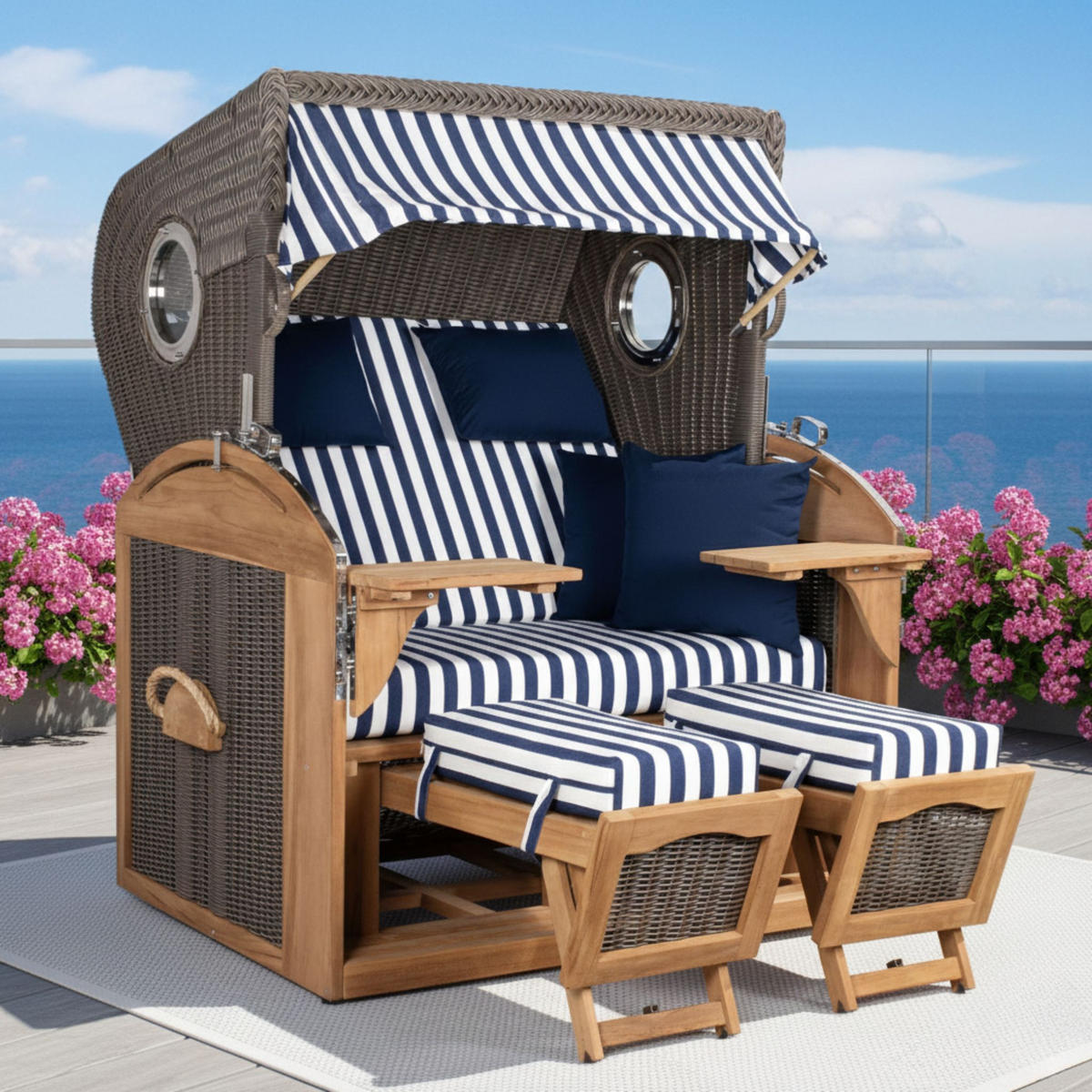 STRANDKORB XL Schillig Bullauge - Blau/Braun, Metall (142/170/95cm) - Mr. Deko