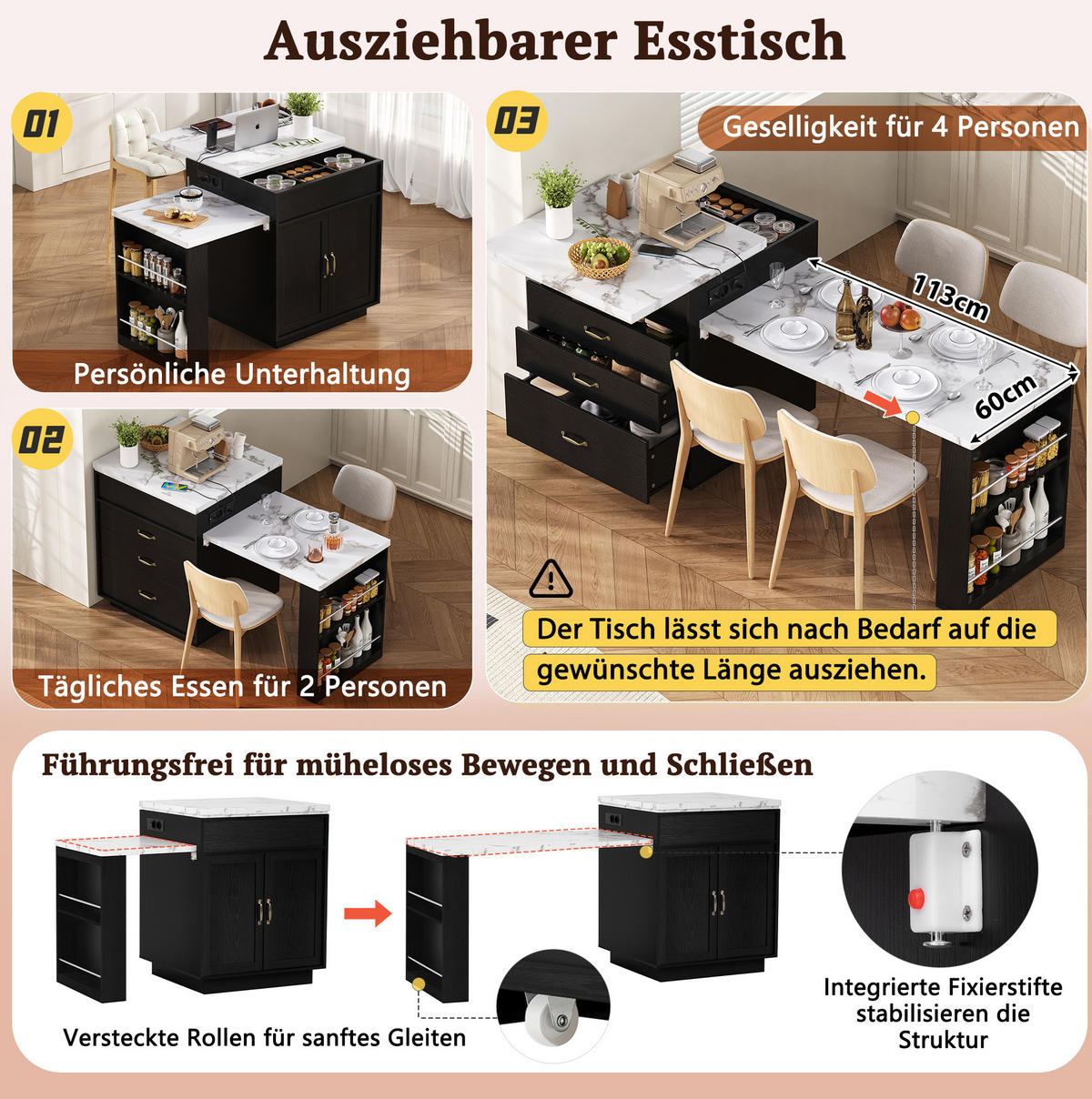 KÜCHENINSEL 125,5–187,5/71/93 cm in Schwarz mit LED-Beleuchtung und Ausziehfunktion - Schwarz, Holzwerkstoff (125.5/93/71cm) - Flora Grace