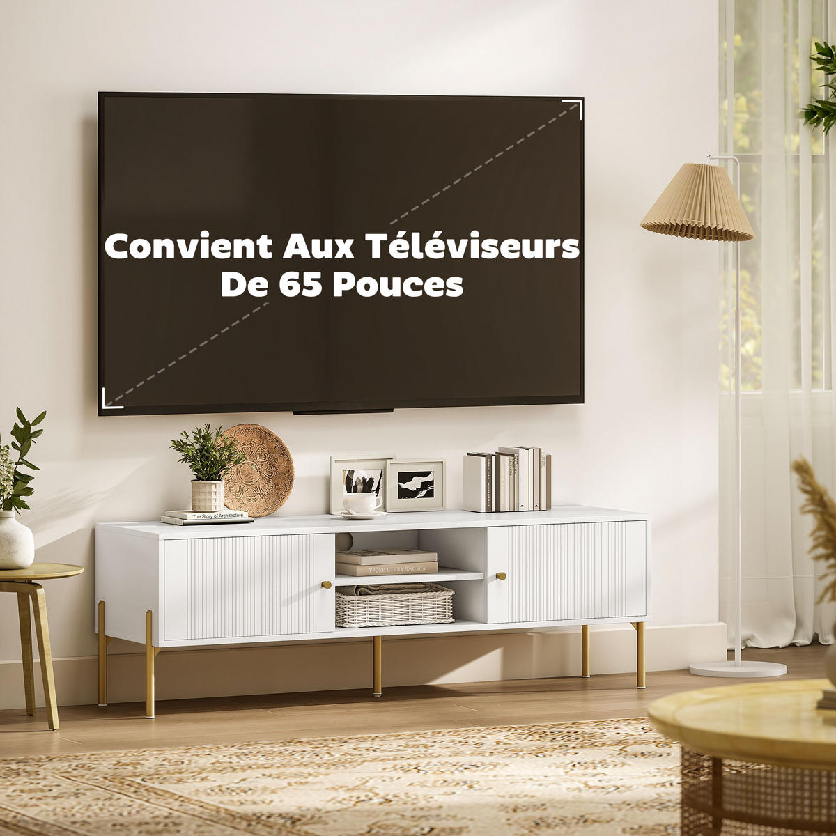 TV-LOWBOARD Weiß/Goldfarben 140/38/45,9 cm, 2 Türen, 2 offene Fächer, Metallfüße - Weiß, Holzwerkstoff (140/45.9/38cm) - PANGIVO