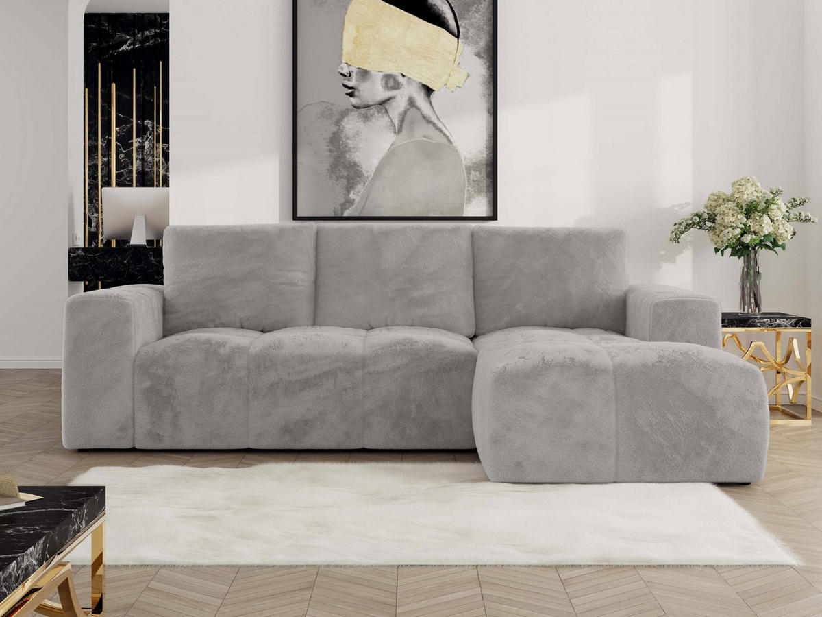 ECKSOFA MONIVA Hellgrau Plüsch - Rechts - Hellgrau/Schwarz, Textil (266/164cm) - MKS