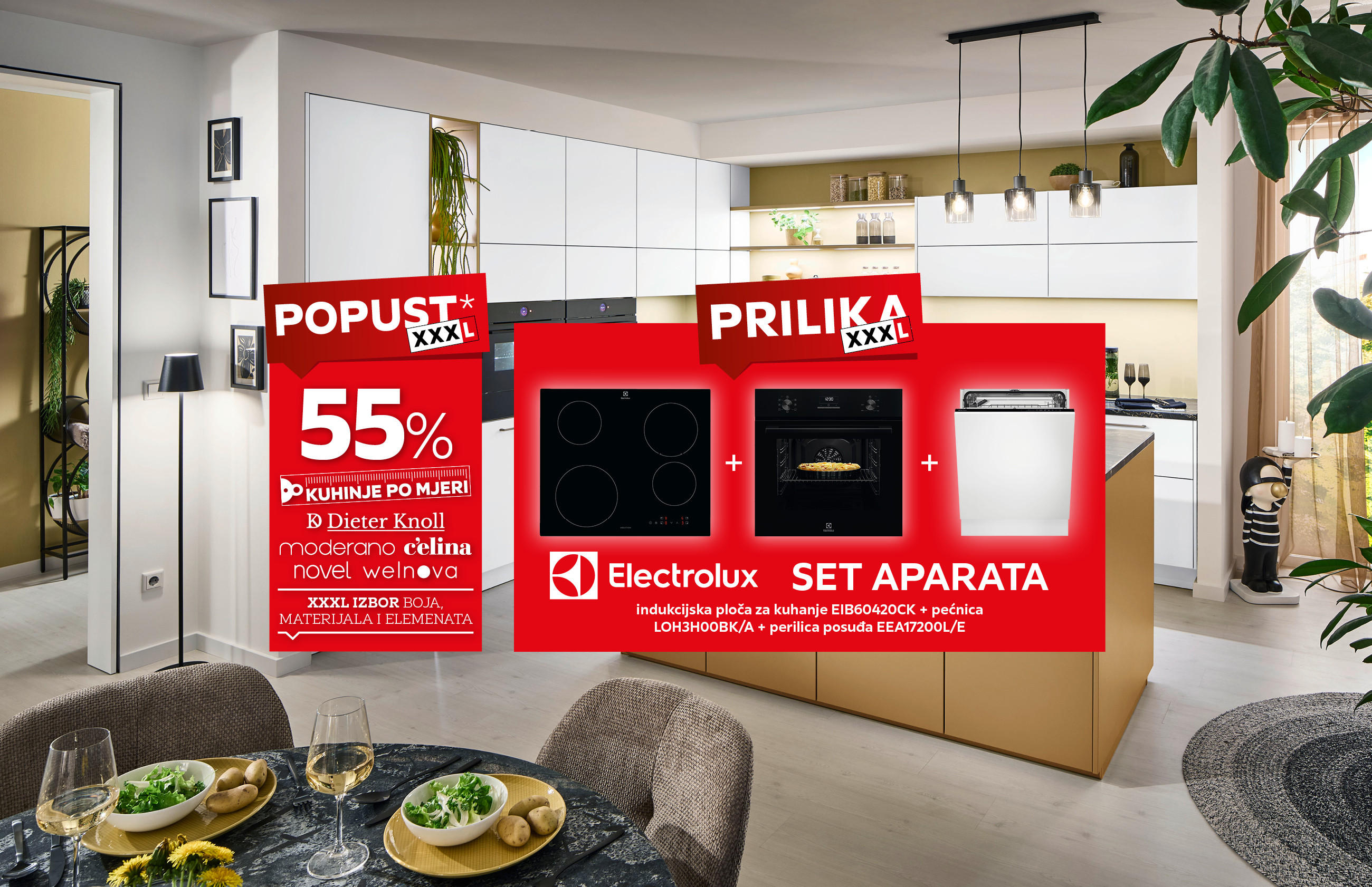 55% kuhinje po mjeri* Dieter Knoll, moderano, c'elina, novel, welnova / XXXL izbor boja, materijala i elemenata / XXXL PRILIKA Electrolux set aparata: indukcijska ploča za kuhanje EIB60420CK + pećnica LOH3H00BK/A + perilica posuđa EEA17200L/E