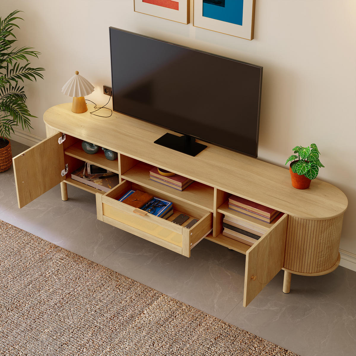TV-SCHRANK Lowboard Rattan Schubladen offen - Naturfarben, Holz (175/51/36cm) - Fortuna Lai