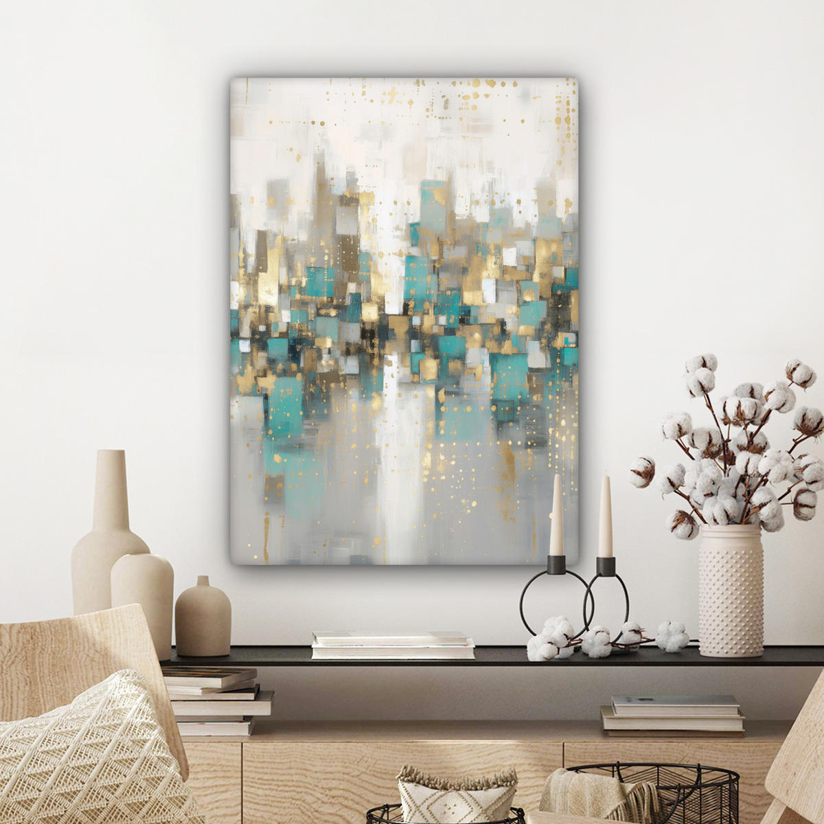 LEINWANDBILD Abstrakt - Blöcke - Gold - Skyline Wandbild Wohnzimmer 60x80 cm - Beige, Textil (60/80cm) - MuchoWow