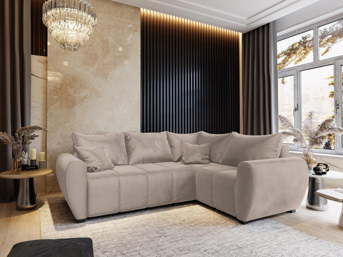 ECKSOFA MADISON L R-S Beige Plüsch-Stoff mit Schlaffunktion - Beige, Holz (235/175cm) - MASSENO