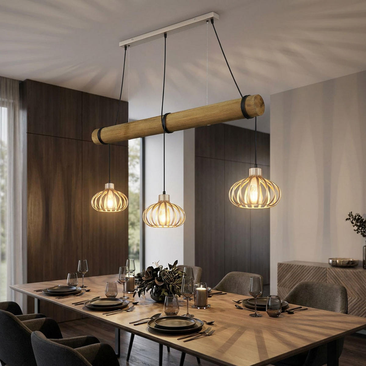 LED HÄNGELEUCHTE CALDWELL, Metall, Beige, 3-flammig - Beige, Holz (100/20/150cm) - Globo Lighting