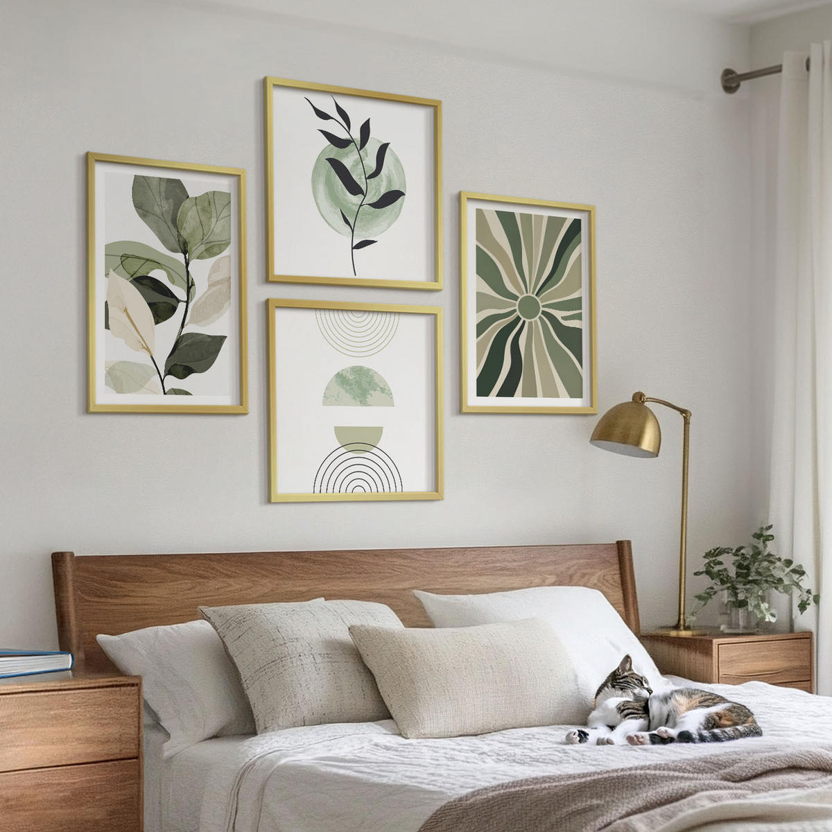 BILDER SET 4er Set - 50x50 cm & 40x60 cm Goldrahmen - Geometrische Pflanzenformen - Goldfarben, Kunststoff (50/50cm) - TULUP