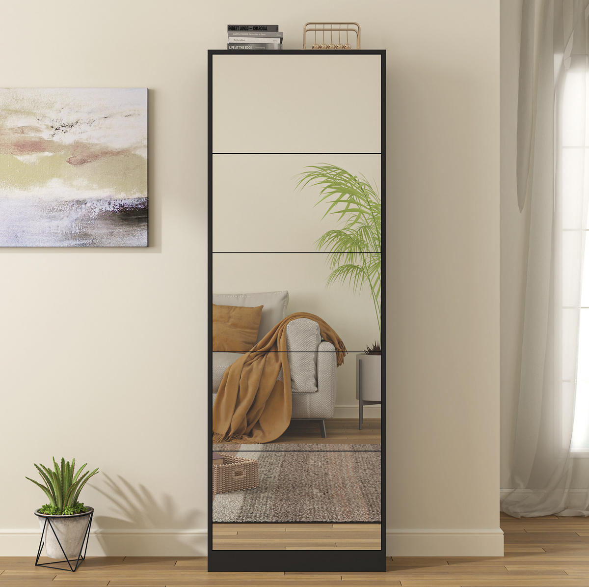 SCHUHSCHRANK 63/24/185 cm schwarz aus MDF mit Spiegel und 5 Klappen - Schwarz, Holzwerkstoff (63/185/24cm) - OKWISH