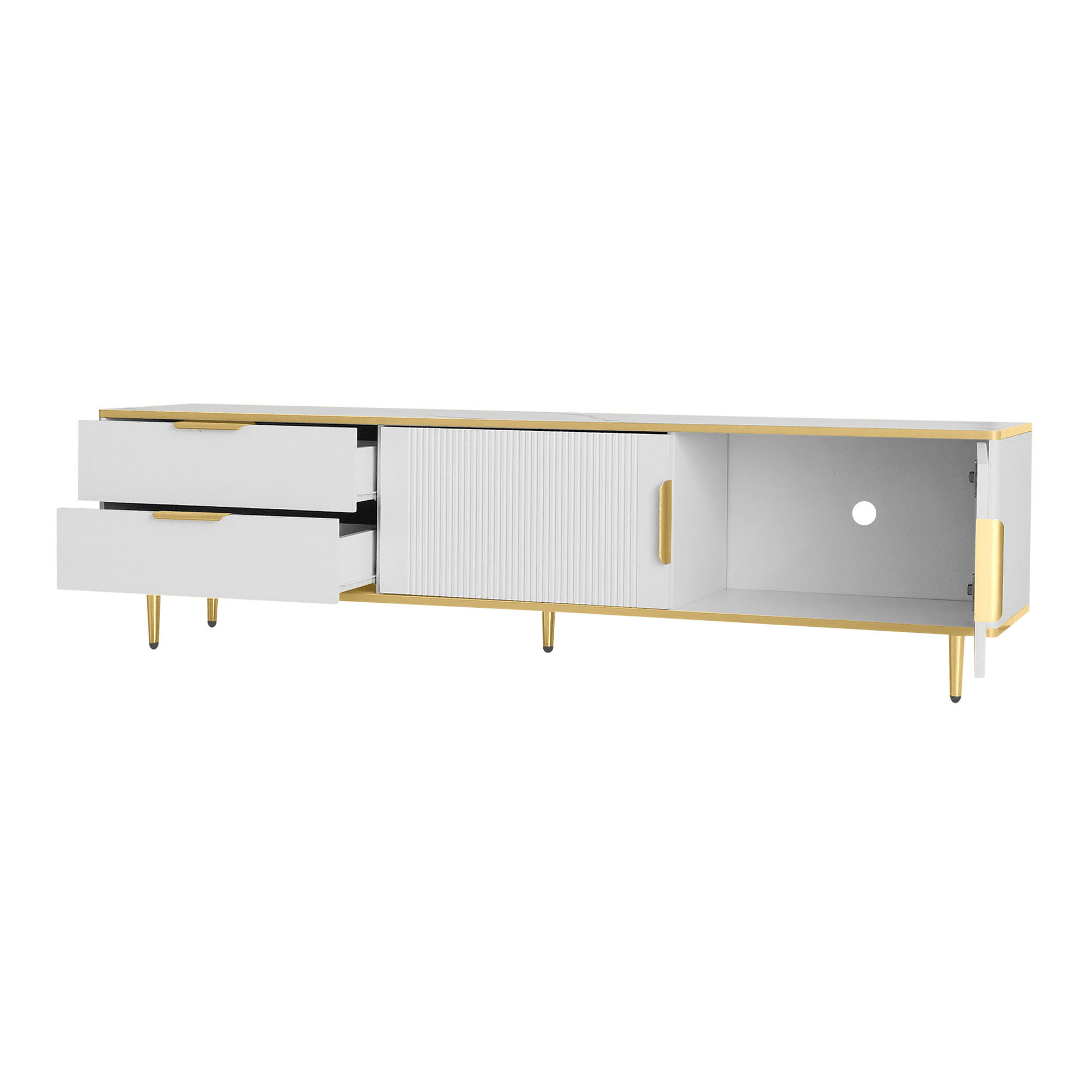 TV-LOWBOARD aus MDF und Holzwerkstoff 170x37x45 cm Weiß/Gold mit 2 Schubladen und geschnitzten Fronten - Weiß, Holzwerkstoff (170/45/37cm) - Modfu