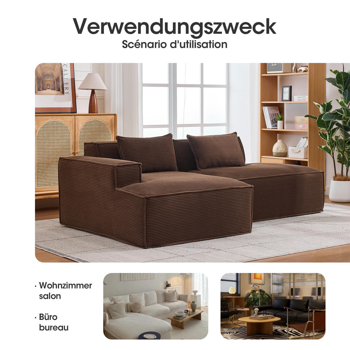 3-SITZER ECKSOFA Polyester Braun mit 2 Kissen - Braun, Textil (235/129cm) - WISHDOR