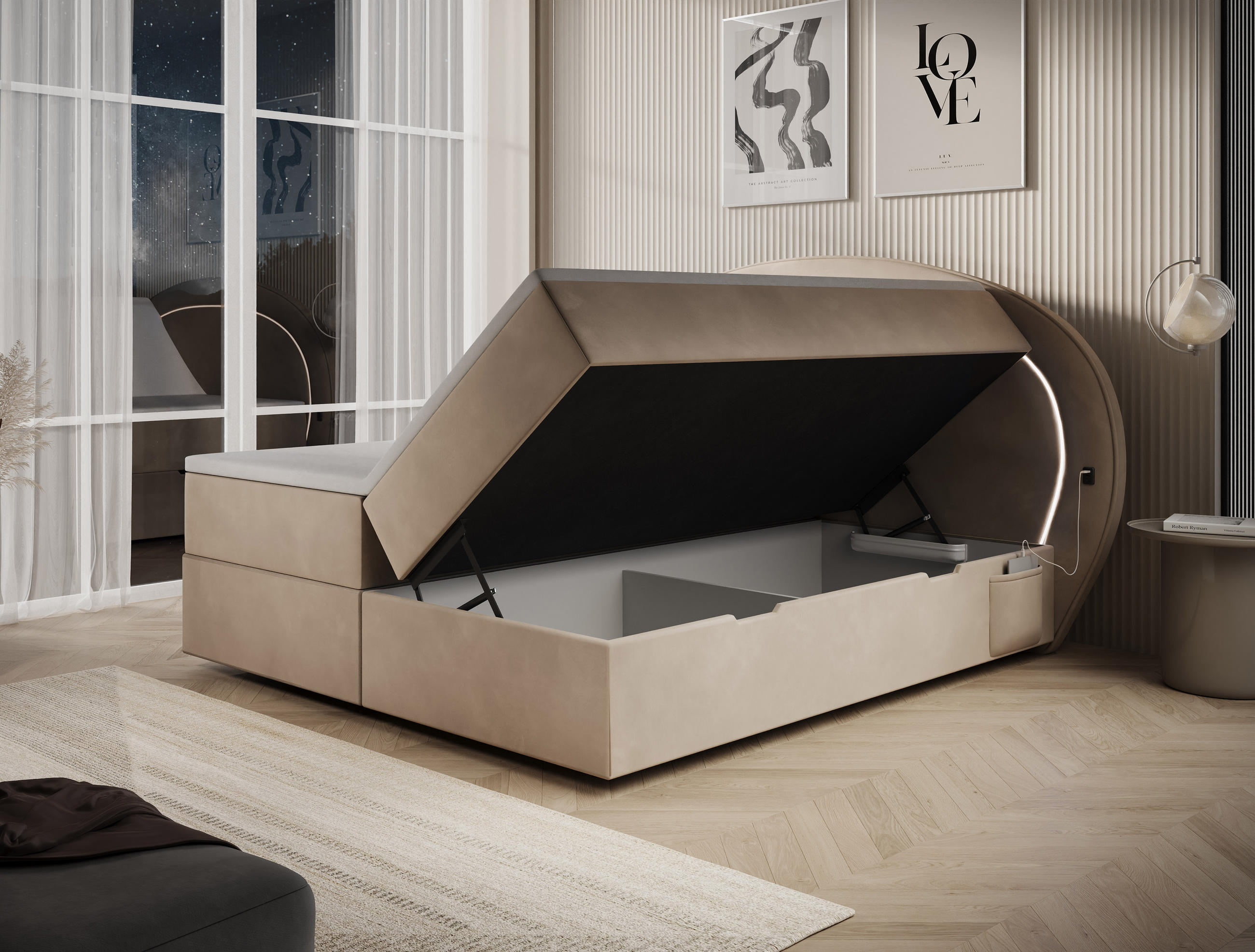 BOXBETT Nova 1 beige 200/200 cm mit LED H3 - Beige, Textil (200/200cm) - wonello