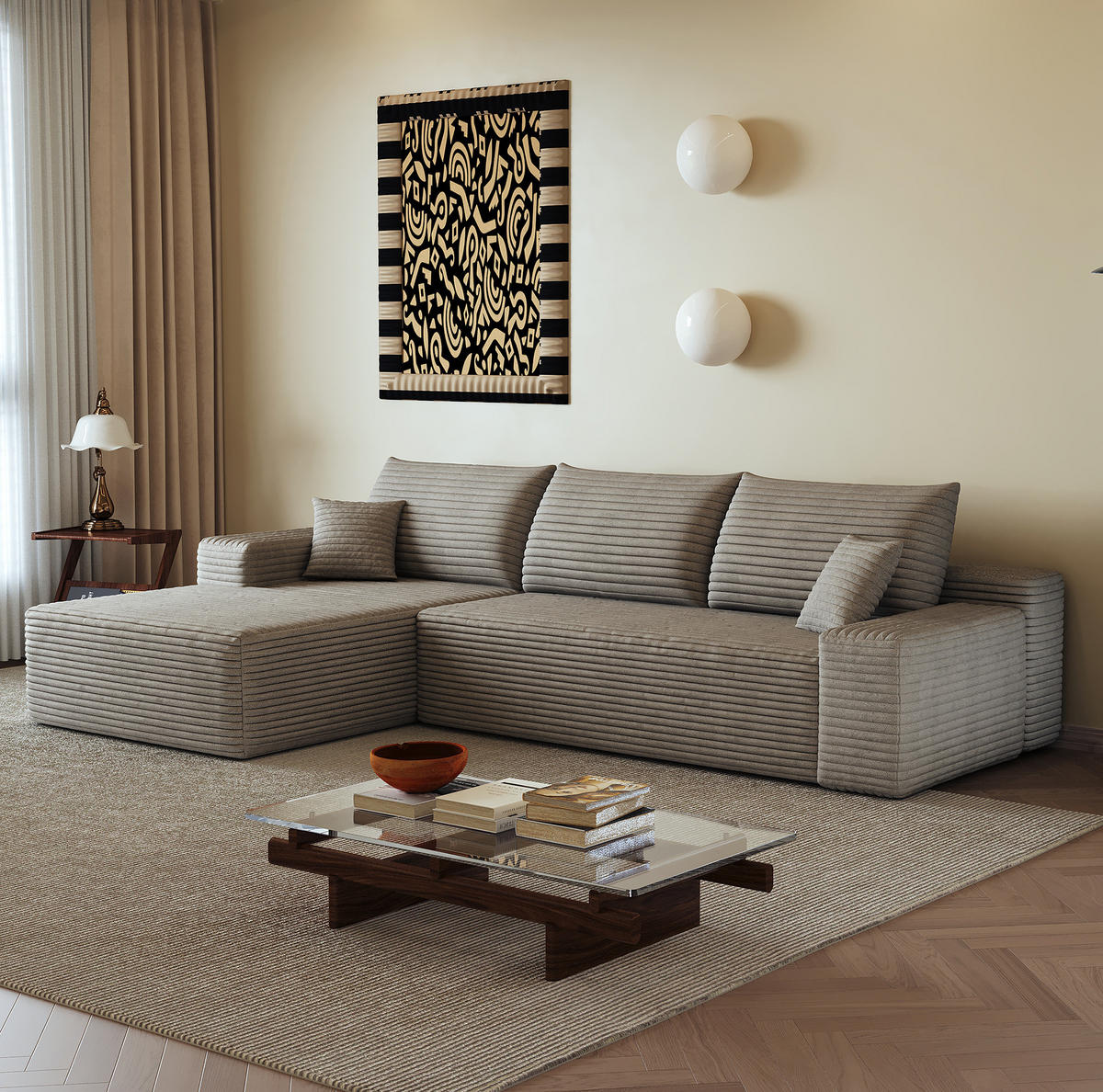 ECKSOFA 270 cm in Camel aus Cord mit weicher Schaumstofffüllung - Haselnussfarben, Textil (175/270cm) - Flora Grace