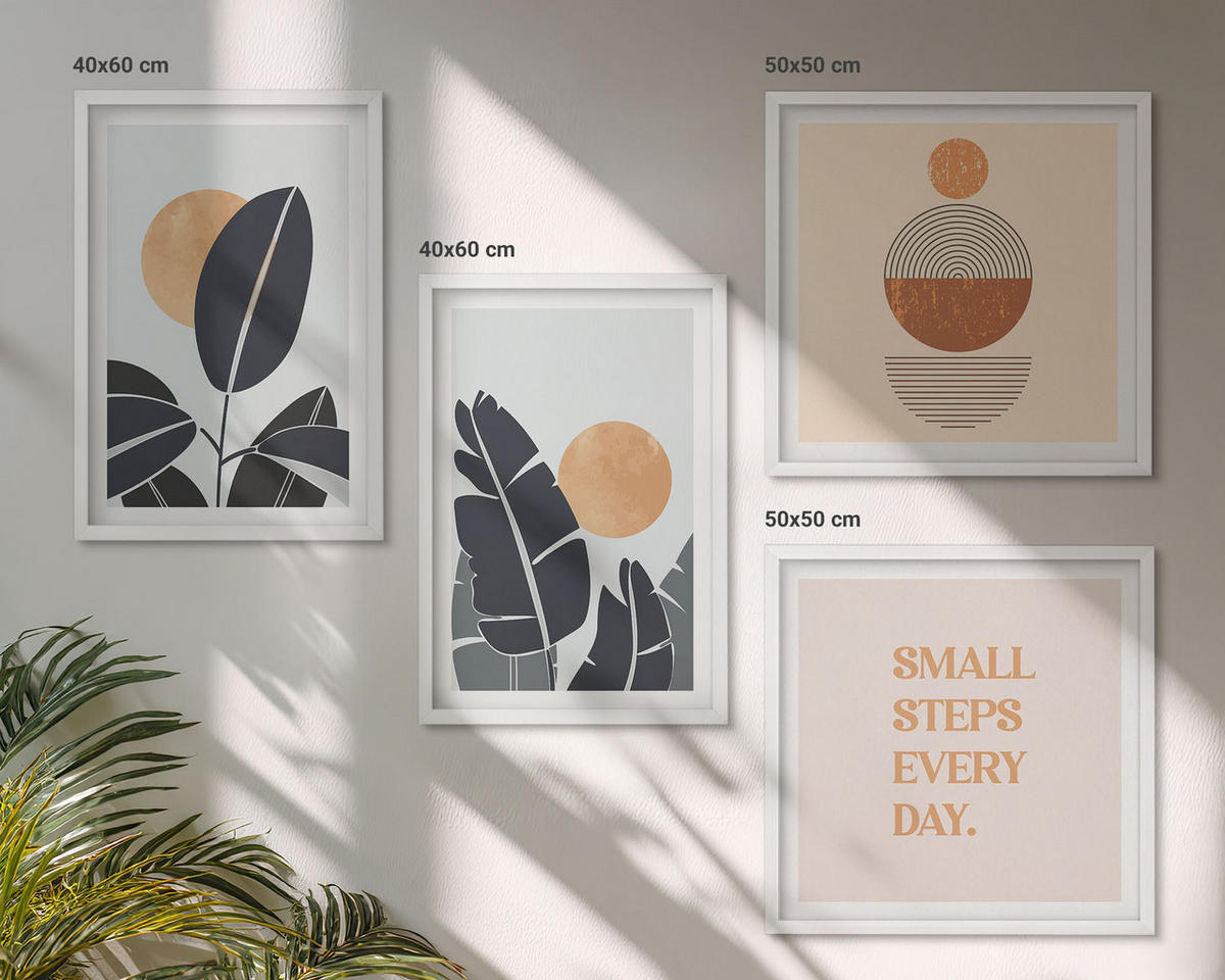 BILDER SET 4er Set - 50x50 cm & 40x60 cm Weißer Rahmen - Pflanzenmuster große minimalistische Sonnen - Weiß, Kunststoff (50/50cm) - TULUP