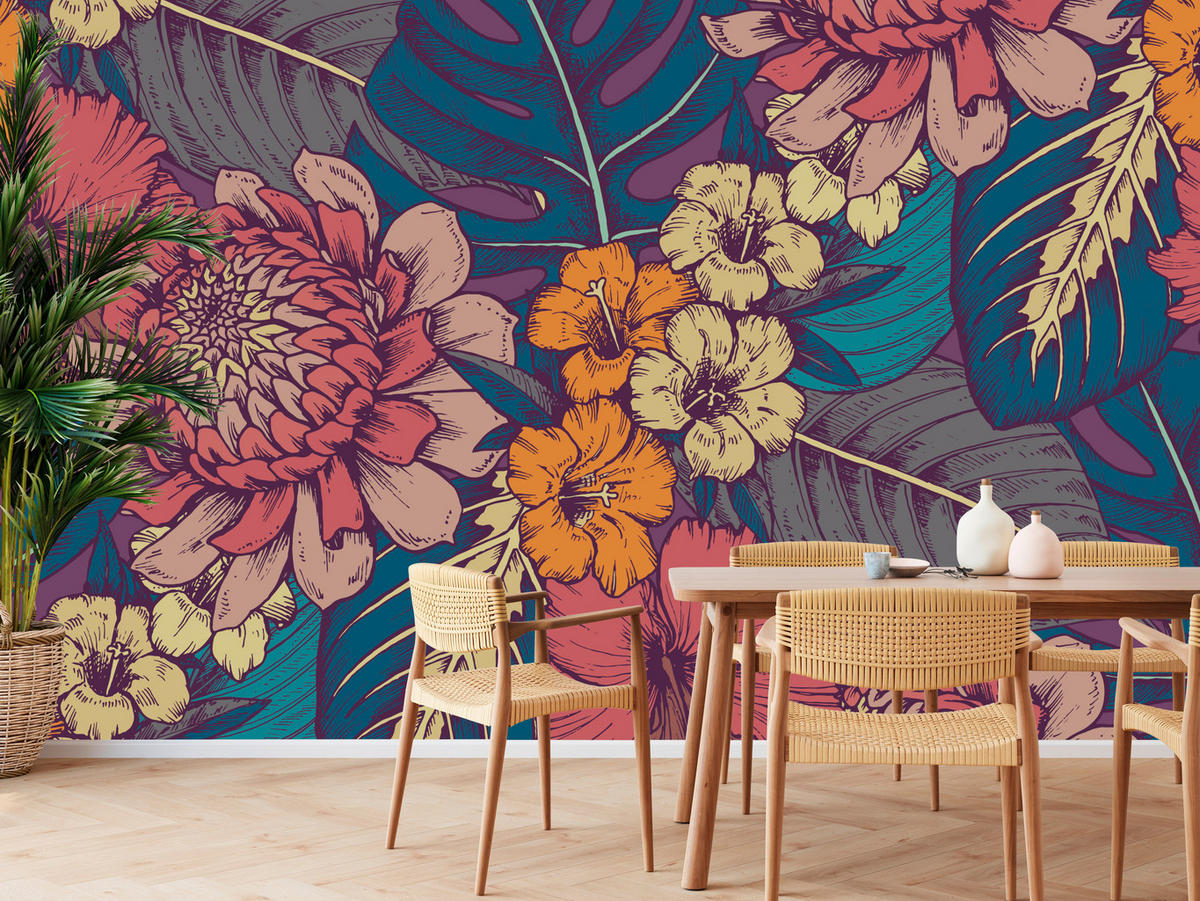 FOTOTAPETE für Schlafzimmer Retro Bunte Blätter Blumen Pflanzen 200x140 - Türkis/Blau, Papier (200/140cm) - Muralo