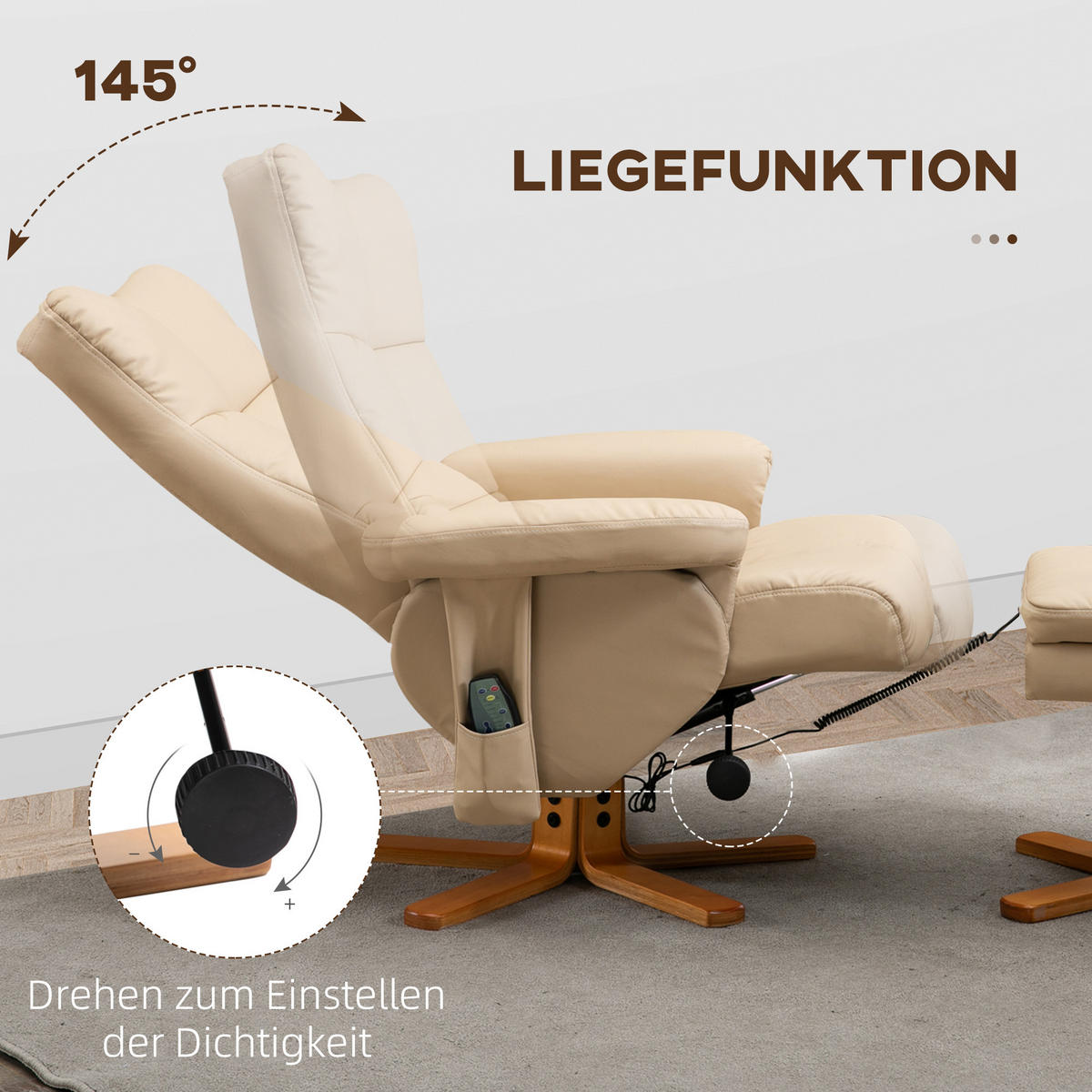 MASSAGESESSEL DE-06330 Mit Hocker, 145° neigbar Cremeweiß - Creme, Metall (86/99/80cm) - ComfortXL