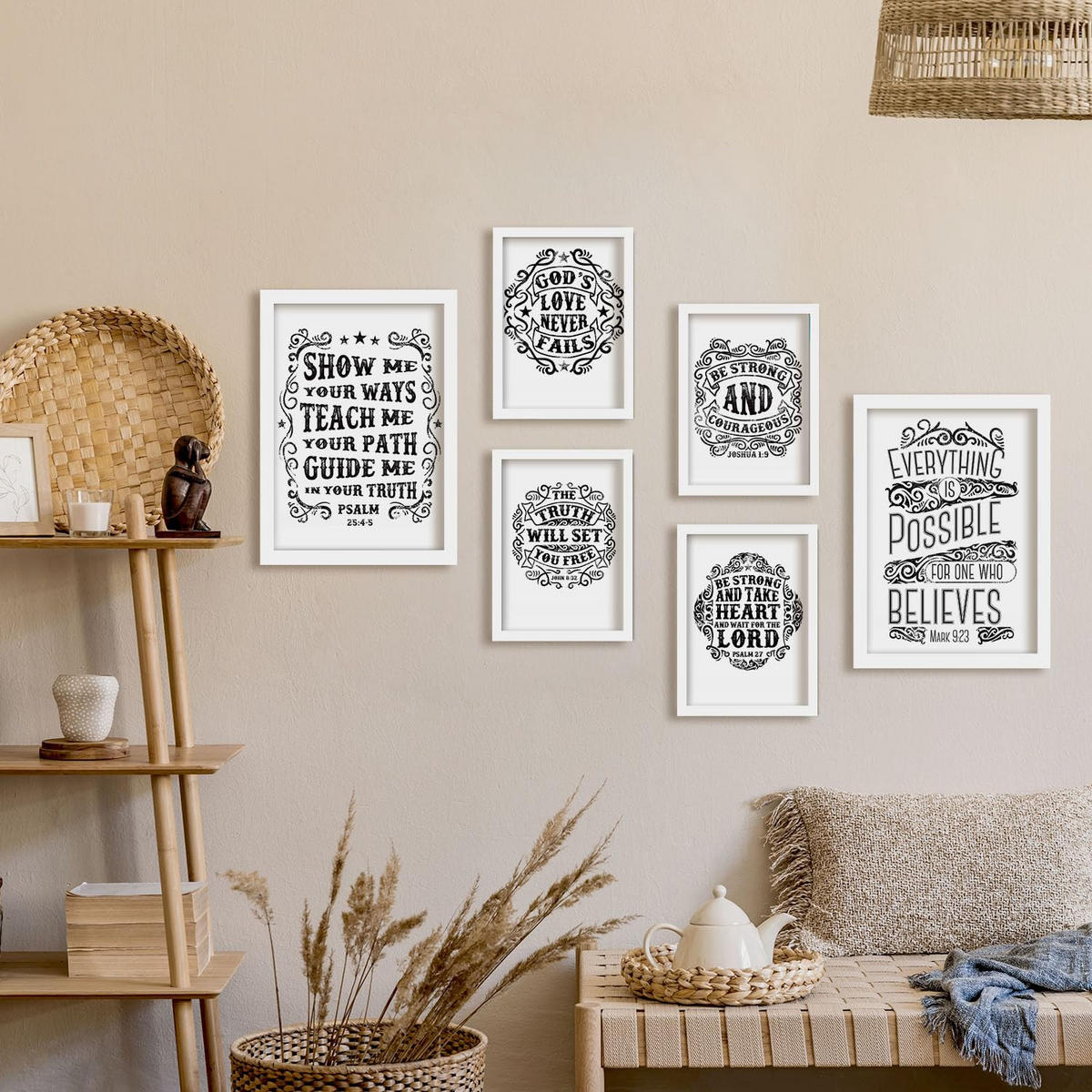 POSTER Set Mit 6 Biblisch In Rustikale Zitate A3 & A4 Weißer Rahmen - Weiß, Papier (29/3cm) - Nacnic