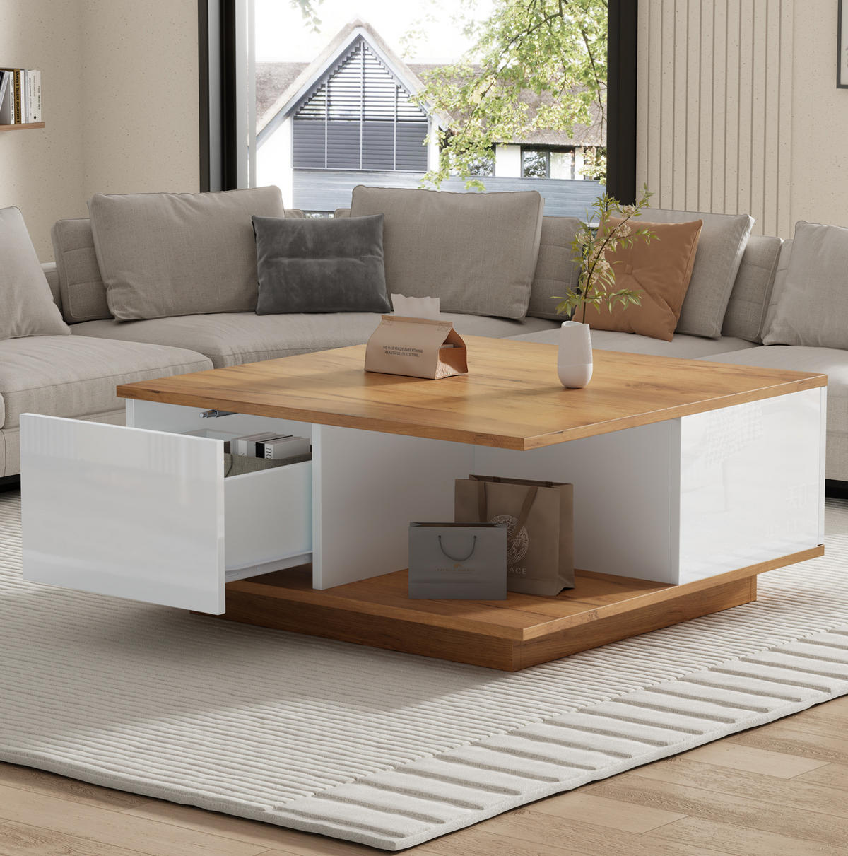 COUCHTISCH 70/70/31,5 cm mit 3 Schubladen und offenem Fach, Hochglanz-Fronten aus Spanplatte, Weiß/Walnuss - Walnussfarben, Holzwerkstoff (70/70/31.5cm) - Modfu
