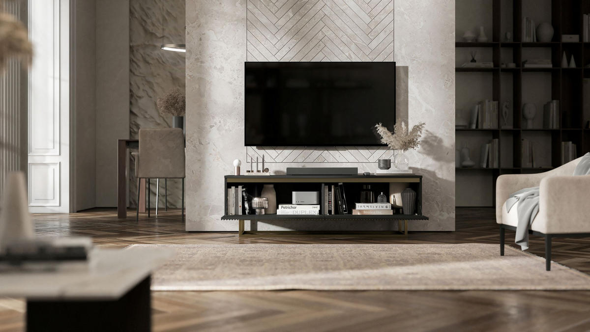 TV-SCHRANK Selene Glamour Schwarz Matt mit Metallrahmen 140 cm - Goldfarben/Schwarz, Holzwerkstoff/Metall (140/44/35cm) - Meble Lindner