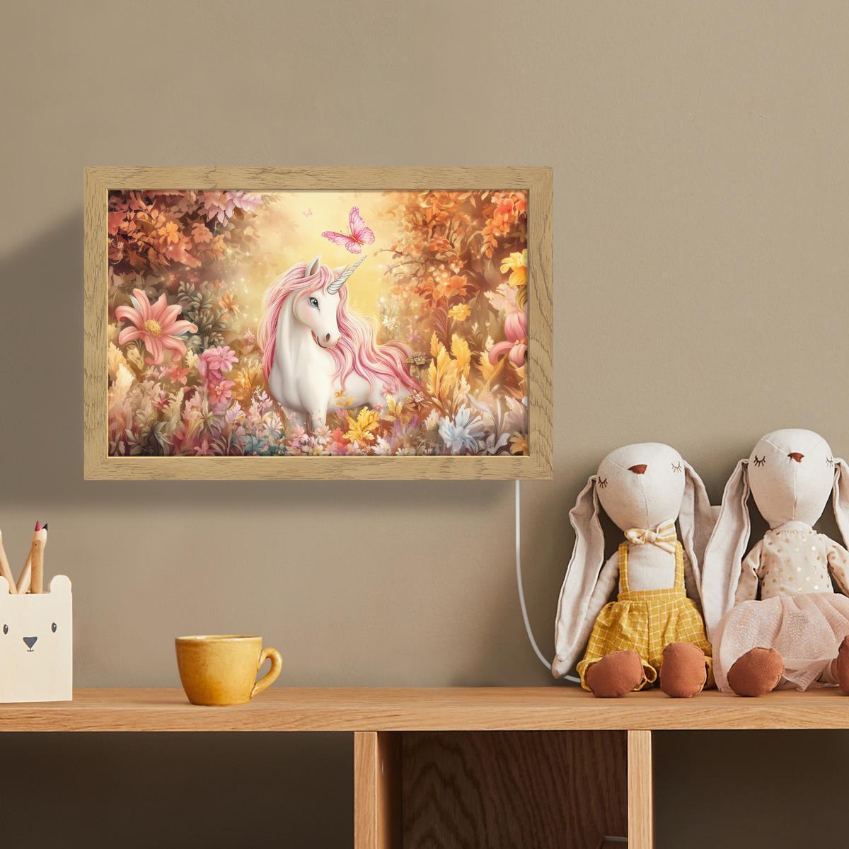 NÁSTĚNNÁ LAMPA Jednorožec - Květiny - Motýl - Růžová 30x20 cm - béžová, kompozitní dřevo (30/20/8cm) - OnlyWow