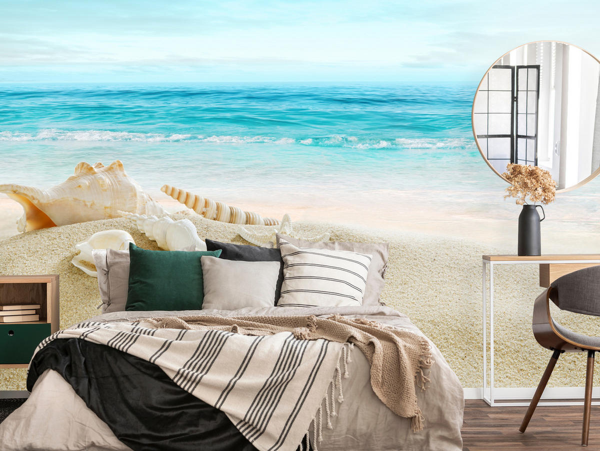 FOTOTAPETE für Badezimmer Muscheln Strand Sand Wellen Meer 150x105 - Beige/Weiß, Papier (150/105cm) - Muralo