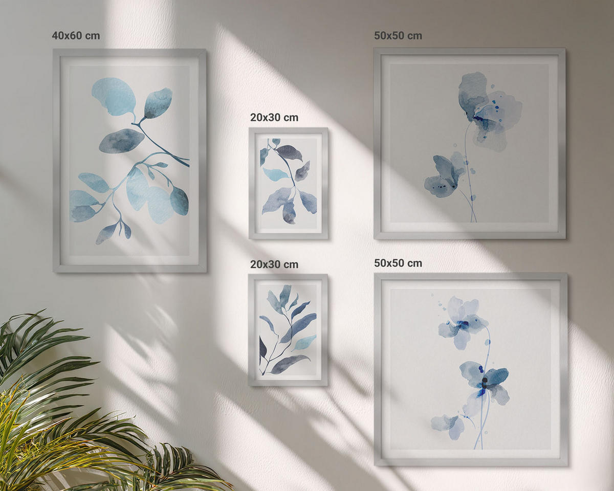 BILDER SET 5er Set - 50x50 cm & 20x30 cm & 40x60 cm Silberner Rahmen - Aquarell von blauen Blättern - Silberfarben, Kunststoff (40/60cm) - TULUP