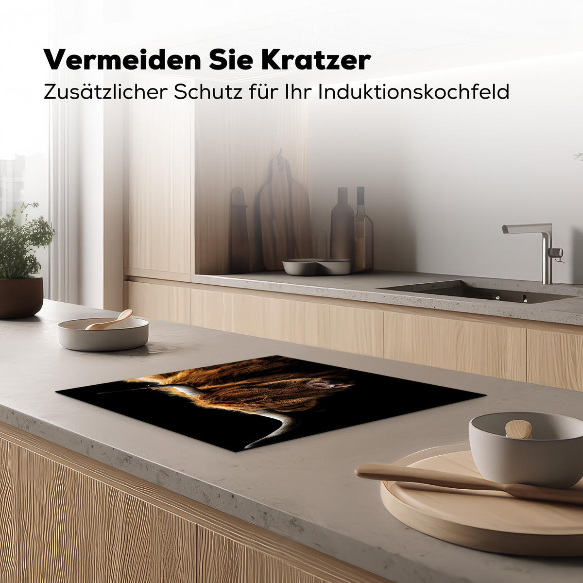 HERDABDECKPLATTE Schottischer Highlander - Hörner - Schwarz - Tiere - Natur - Wild - Kuh 59x51 cm - Cognac, Kunststoff (59/51/0.2cm) - MuchoWow