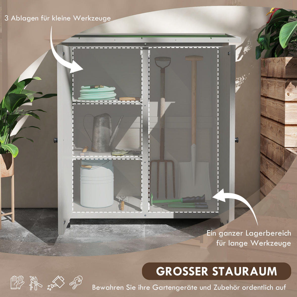 GARTENSCHRANK 110/55/117 cm mit 2 Türen, 2 Einlegeböden und offenem Fach, aus Holz mit Schrägdach, Hellgrau - Hellgrau, Holz (55/117/110cm) - Redom