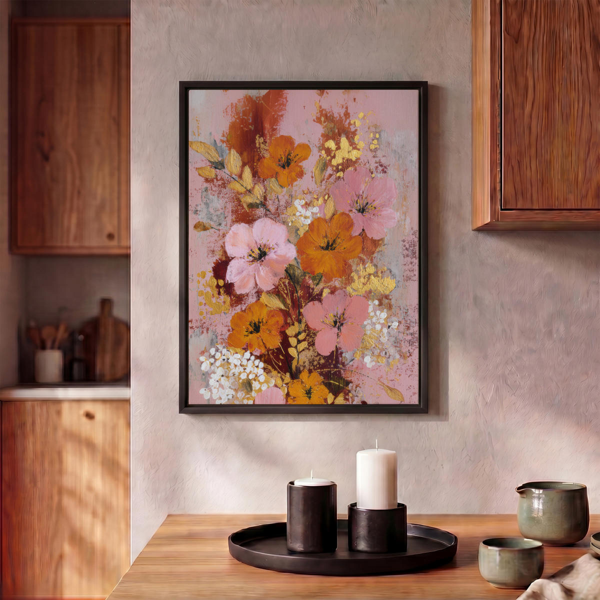 LEINWAND Bilder mit Rahmen - Malerei - Blumen - Rustikal - Rosa - 30x40 - Altrosa, Textil (30/40cm) - MuchoWow
