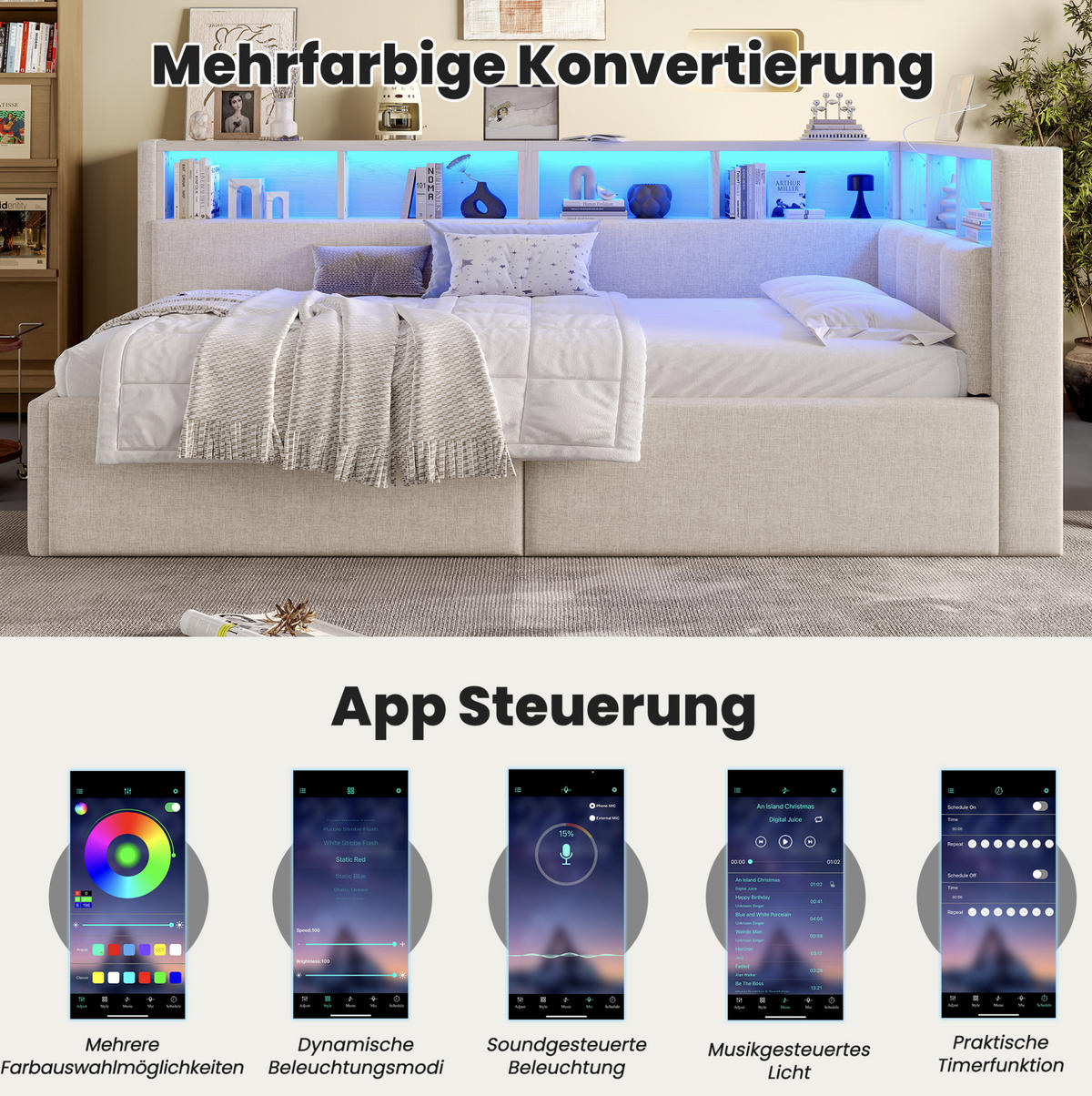 BETT 90/200 cm Beige aus Leinen und MDF mit LED-Beleuchtung und Stauraum - Beige, Textil (90/200cm) - OKMYHOME