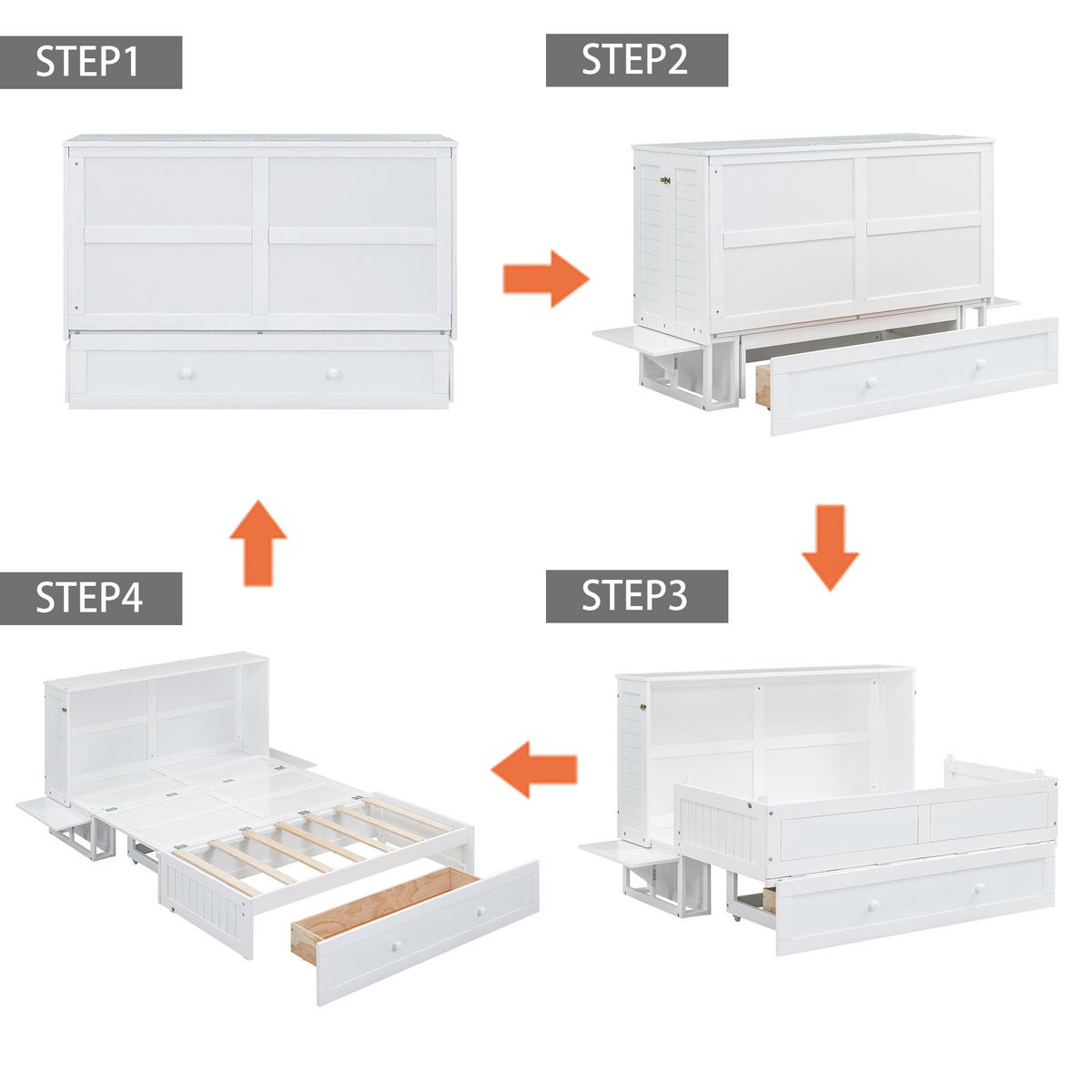 SCHRANKBETT 140x200cm Weiß mit Schubladen und Regal verwandelbar - Weiß, Holz (140/200cm) - FLIEKS