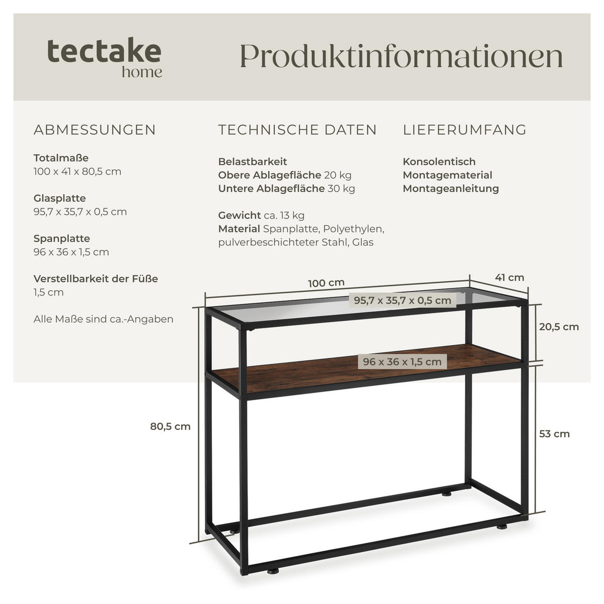 KONSOLENTISCH Kilkenny,100 x 41 x 80,5 cm,Industrial Holz dunkel, rustikal - Rostfarben, Holzwerkstoff (100/41/80.5cm) - tectake