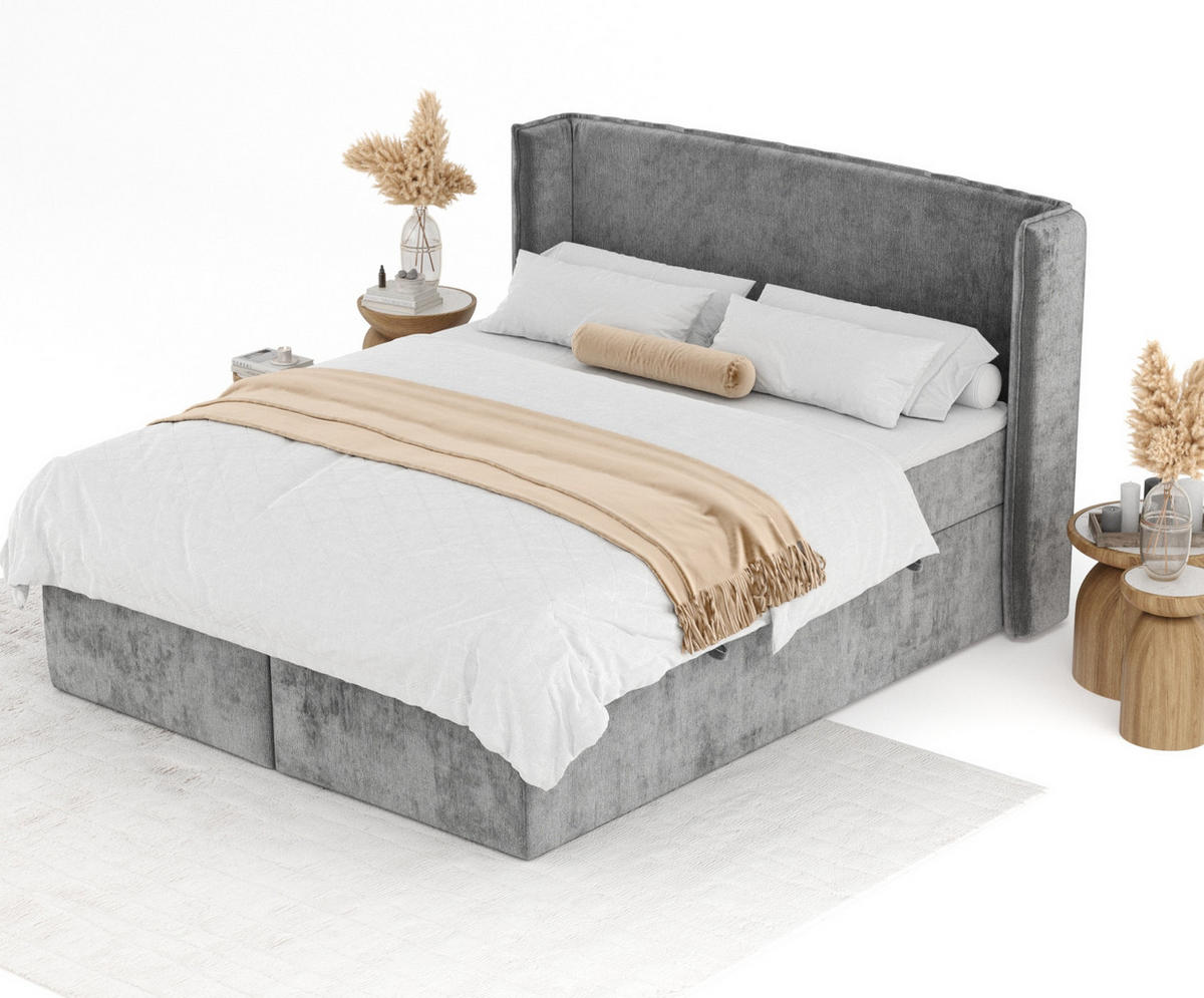 BOXBETT Skyline Dunkelgrau 160/200 cm mit Matratze und Topper - Dunkelgrau/Schwarz, Holz/Holzwerkstoff (160/200cm) - Maison de Reve