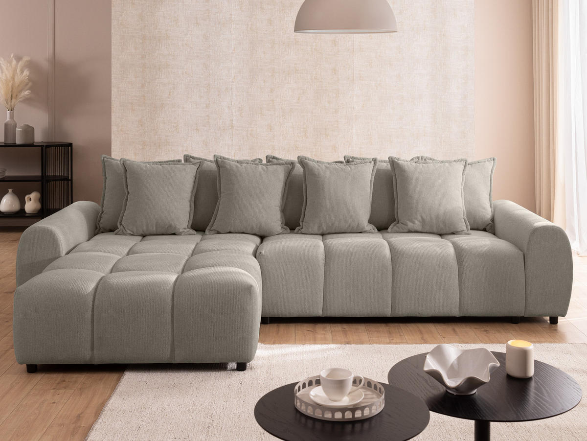 ECKSOFA Bubble mit losen Rückenkissen und Sitzfläche in Bubble-Optik aus weichem Taupe Strukturstoff mit schöner Sitzkomfort - Ottomane links - Taupe/Schwarz, Holz/Kunststoff (180/306cm) - S-Style Möbel