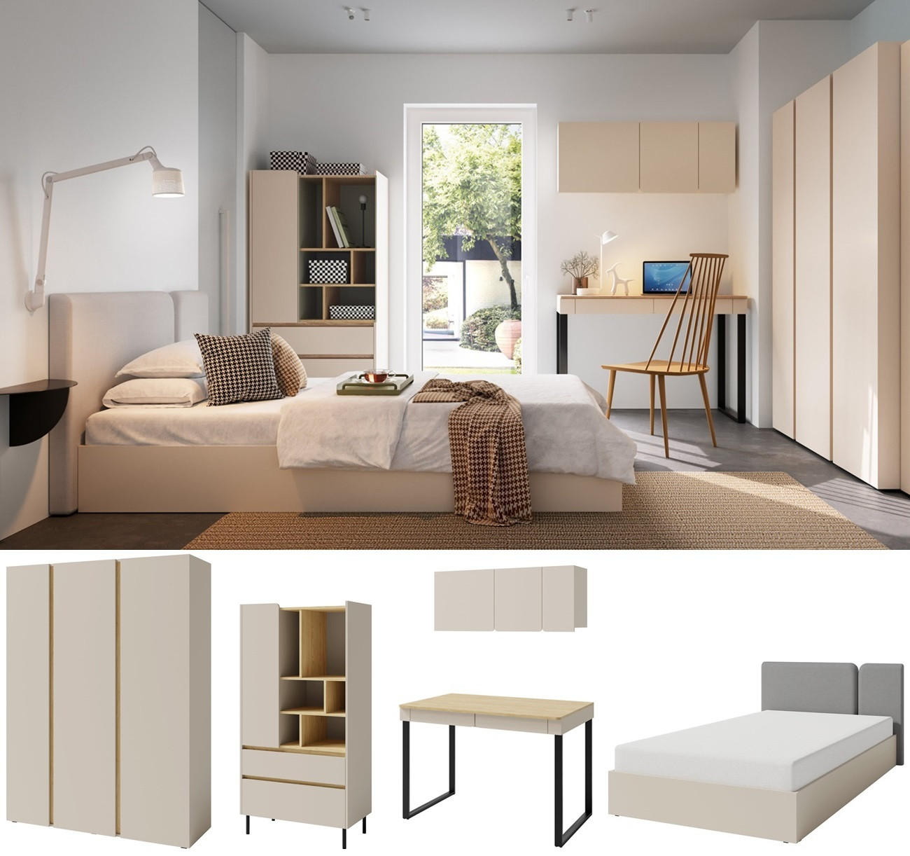 JUGENDZIMMER Laris Set B mit Bett 120 x 200 - Sandbeige / Eiche geölt - Eichefarben/Beige, Holzwerkstoff/Metall (145/195/50cm)