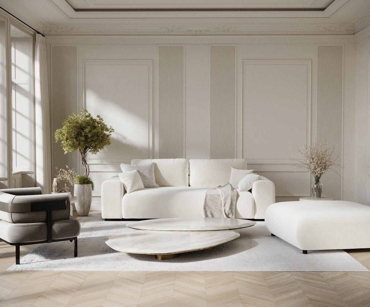 3-SITZER-SOFA Zanzibar Creme Samtstoff - Creme/Schwarz, Holz/Holzwerkstoff (213/79/108cm) - Maison de Reve