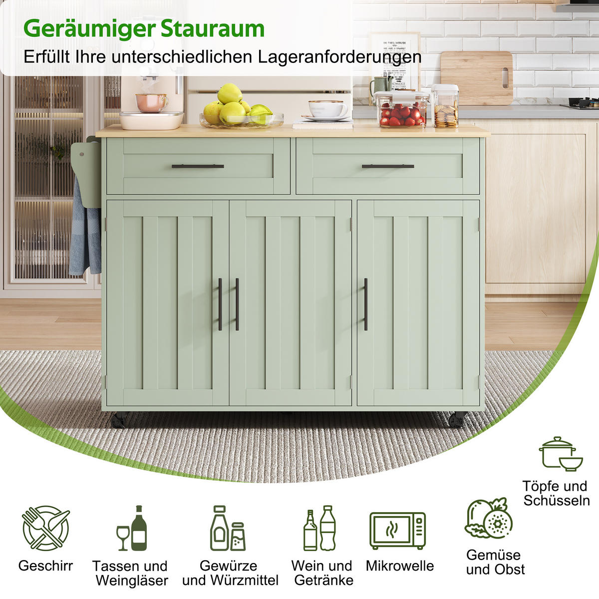 KÜCHENINSEL 129/71/91,5 cm Antikgrün mit 2 Schubladen, Klappbarer Arbeitsplatte, 5 Universalrädern und Massivholzfüßen - Salbeigrün, Holz/Holzwerkstoff (46/91.5/120cm) - Oxeza