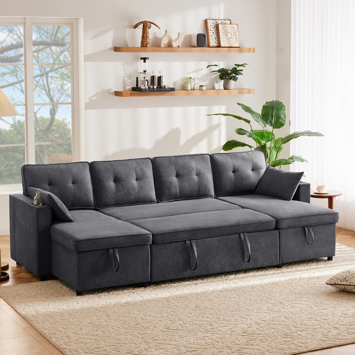 SCHLAFSOFA U-Form mit Getränkehalter und Stauraum - Grau, Textil (270/86/130cm)