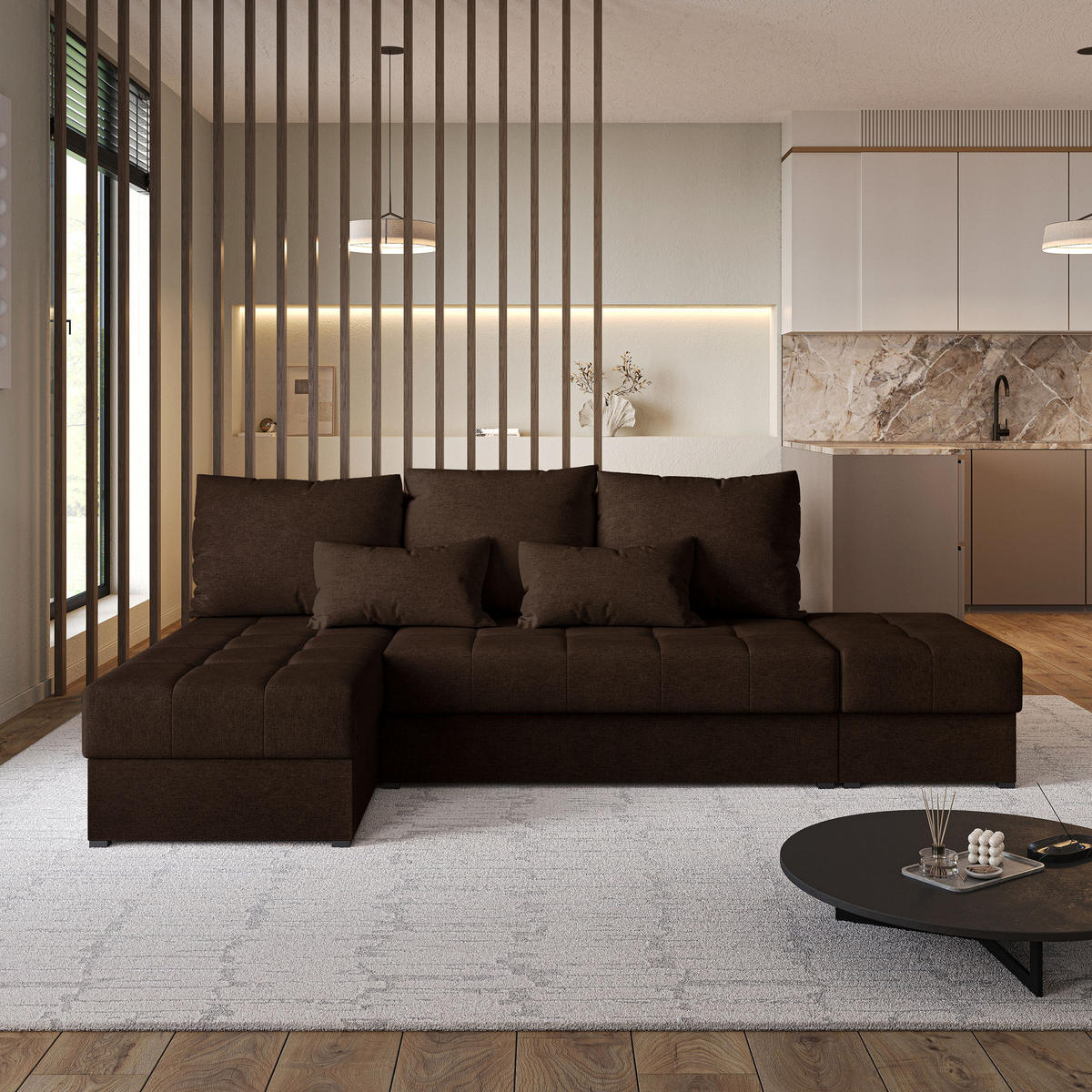 ECKSOFA NORVI Braun Geflochtener Stoff mit Schlaffunktion - Braun, Holz (251/143cm) - MASSENO