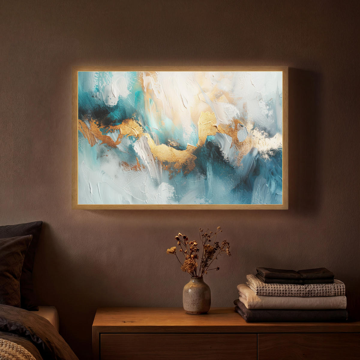 NÁSTĚNNÁ LAMPA S AKUMULÁTOREM Abstraktní - umění - zlatá - modrá 60x40 cm - tyrkysová, kompozitní dřevo (60/40/8cm) - OnlyWow