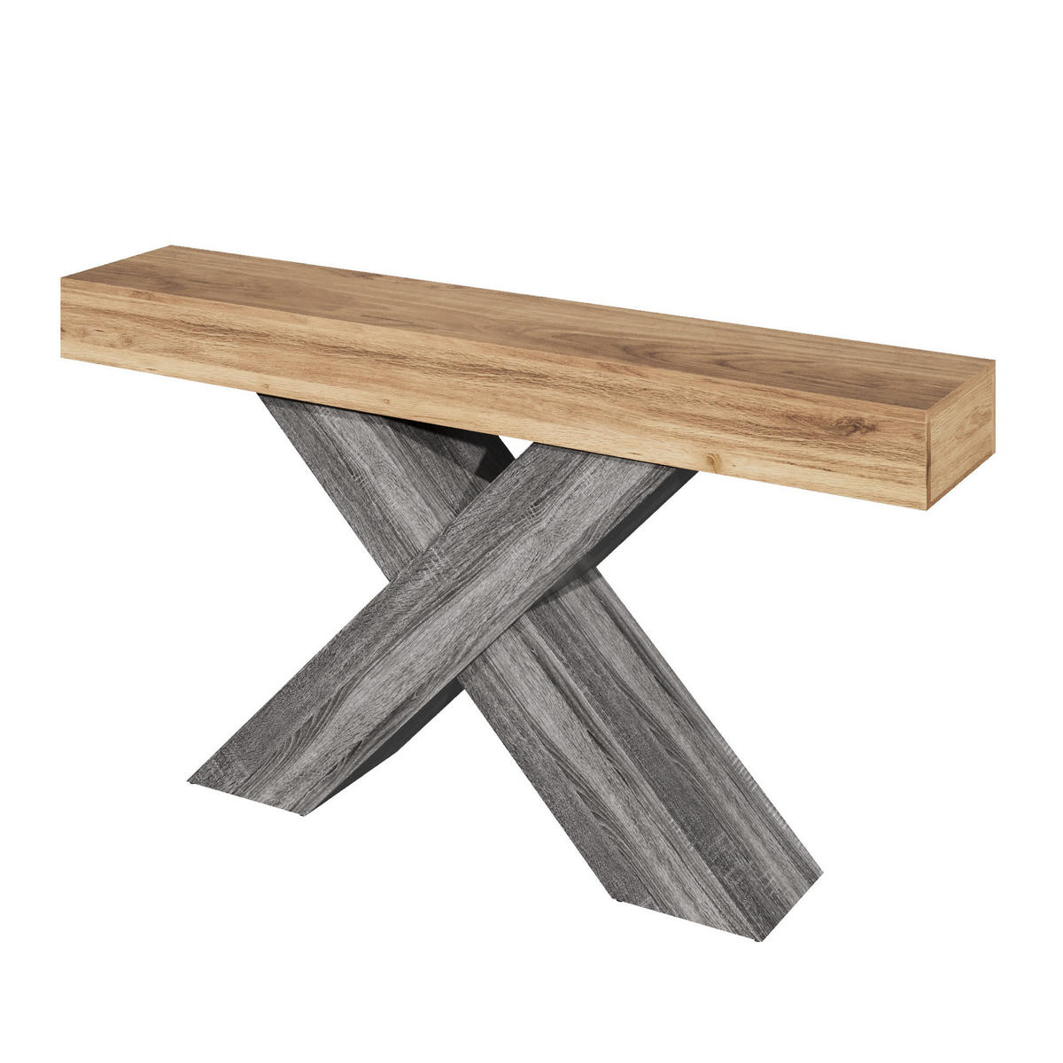 KONSOLENTISCH in Holzoptik Zweifarbige Beistelltisch mit X-förmigen Beinen für Flur/Wohn-, 140L/30B/80(cm) - Naturfarben/Grau, Holzwerkstoff (30/140/80cm) - STILVORA