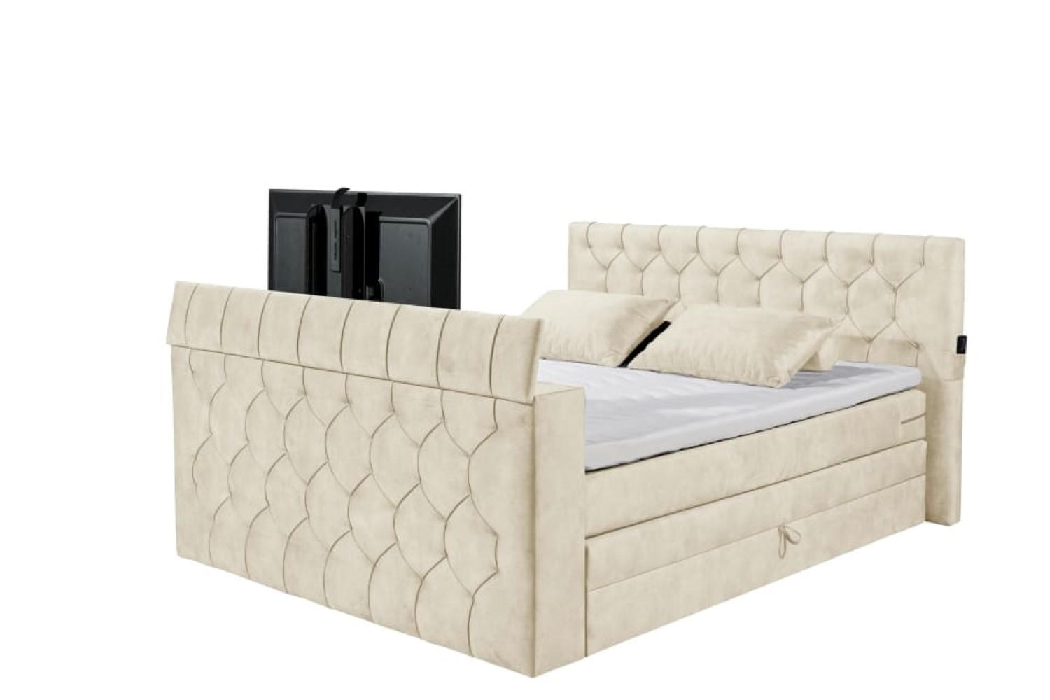 BOXSPRINGBETT 180x200 – motorisierte TV‑Halterung, HR-Lux-Topper, Duo‑Wendematratze H3/H4 - Beige/Creme, Textil (180/200cm) - ed exciting design