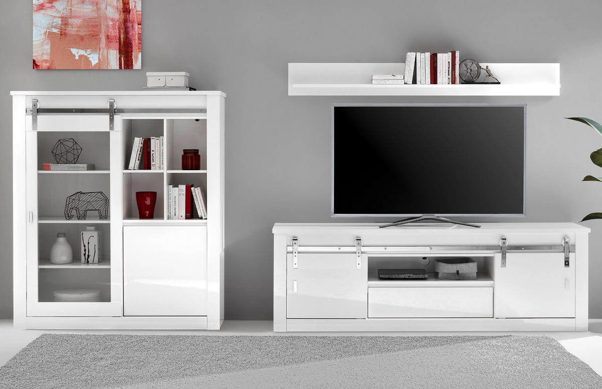 WOHNWAND weiß Hochglanz 3-teilig 349 x 170 cm, Wohnkombination inklusive LED-Beleuchtung, Soft-Close - Chromfarben/Weiß Hochglanz, Glas/Holzwerkstoff (349/170/43cm) - Furn.Design