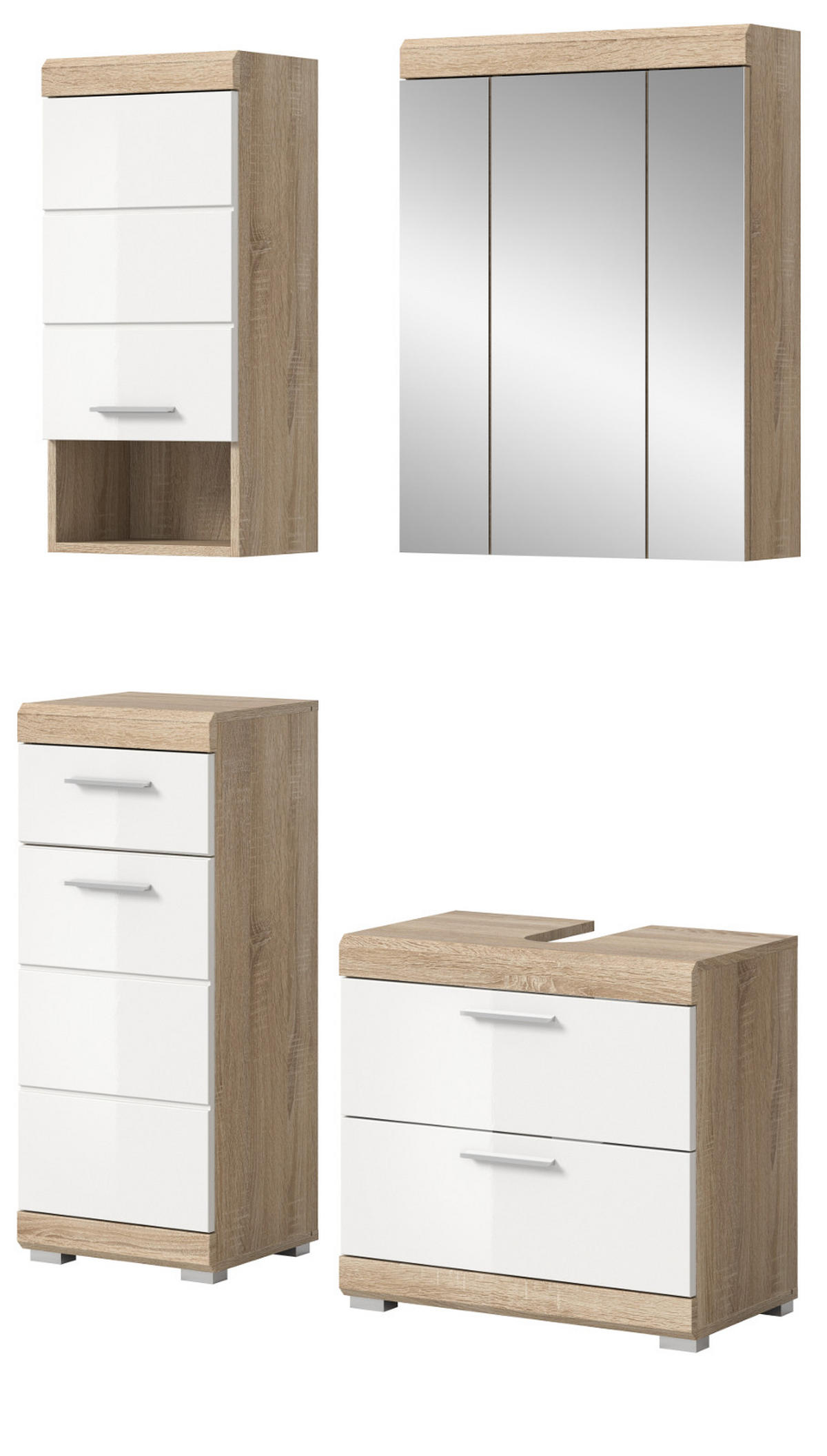 BADMÖBEL-SET weiß Hochglanz, Eiche 4-teilig 112 cm, Komplettset mit viel Stauraum - Weiß Hochglanz/Eichefarben, Holzwerkstoff (112/191/37cm) - Inn.Furn