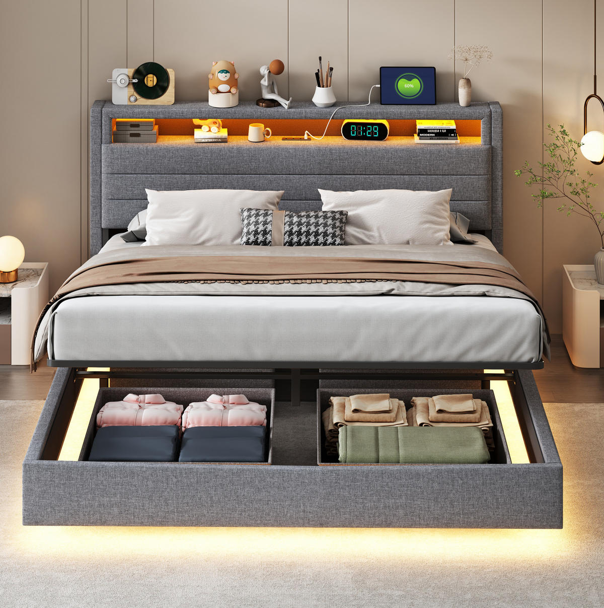 ČALÚNENÁ posteľ 160/200 cm, čalúnená, sivá, s USB a LED osvetlením a úložným priestorom - sivá, textil (160/200cm) - BEAOK