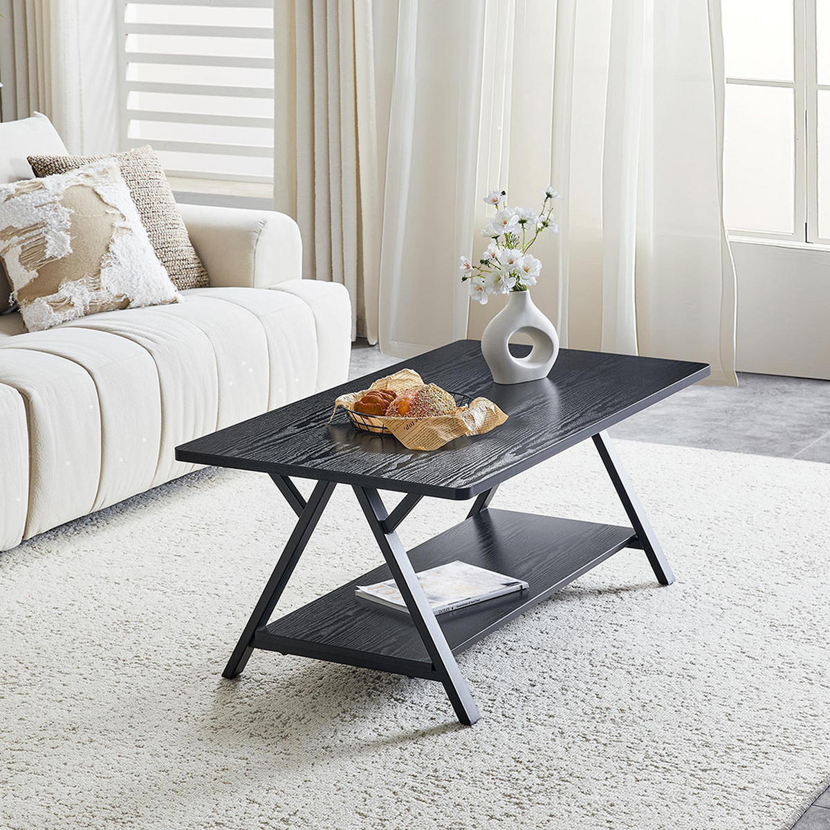 COUCHTISCH 110x57x44,5cm 110x57x44,5cm, schwarzer Holzmaserung und Metallrahmen - Schwarz, Holz/Holzwerkstoff (110/57/44.5cm) - KOMHTOM