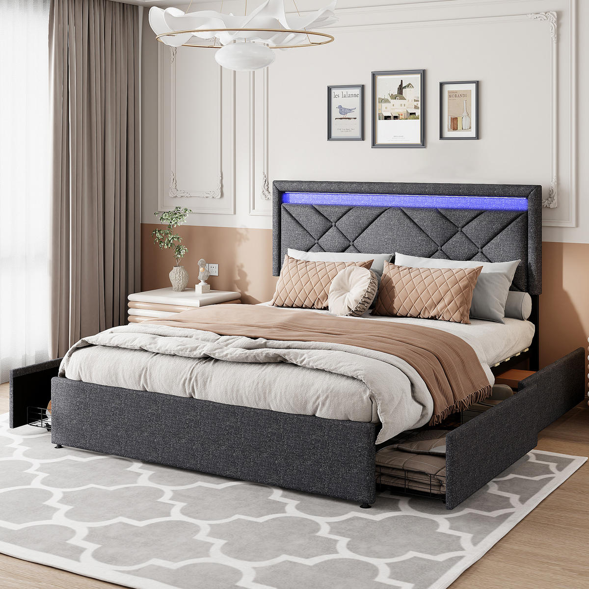 POLSTERBETT 160x200cm grau Stoff, LED-Kopfteil, 4 Metallschubladen - Grau, Holz