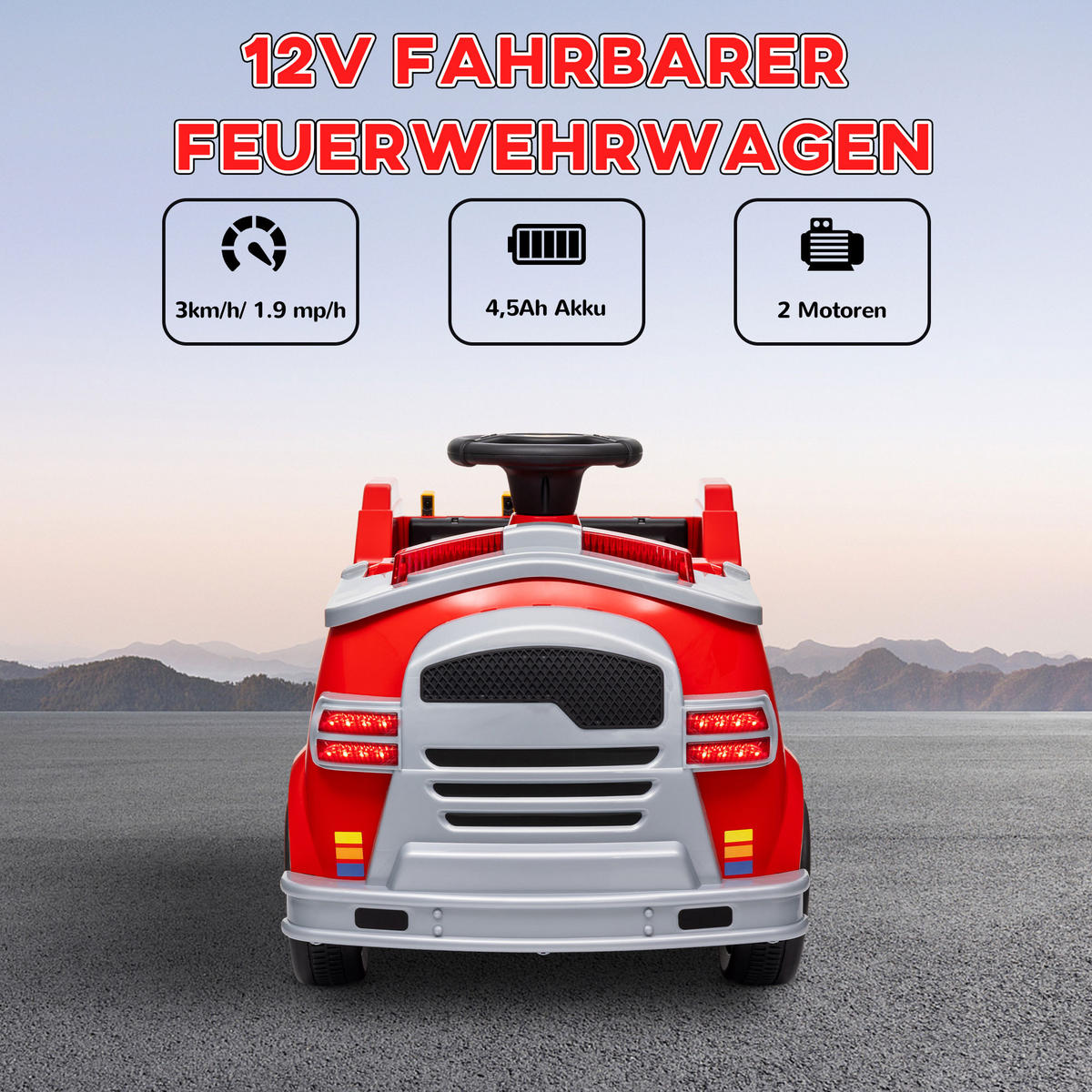 FEUERWEHRAUTO, max. 3 km/h, Sirene, Blaulicht, Werkzeuge, für Kinder 3-5 Jahre - Rot, Metall (86/49/52cm) - AIYAPLAY