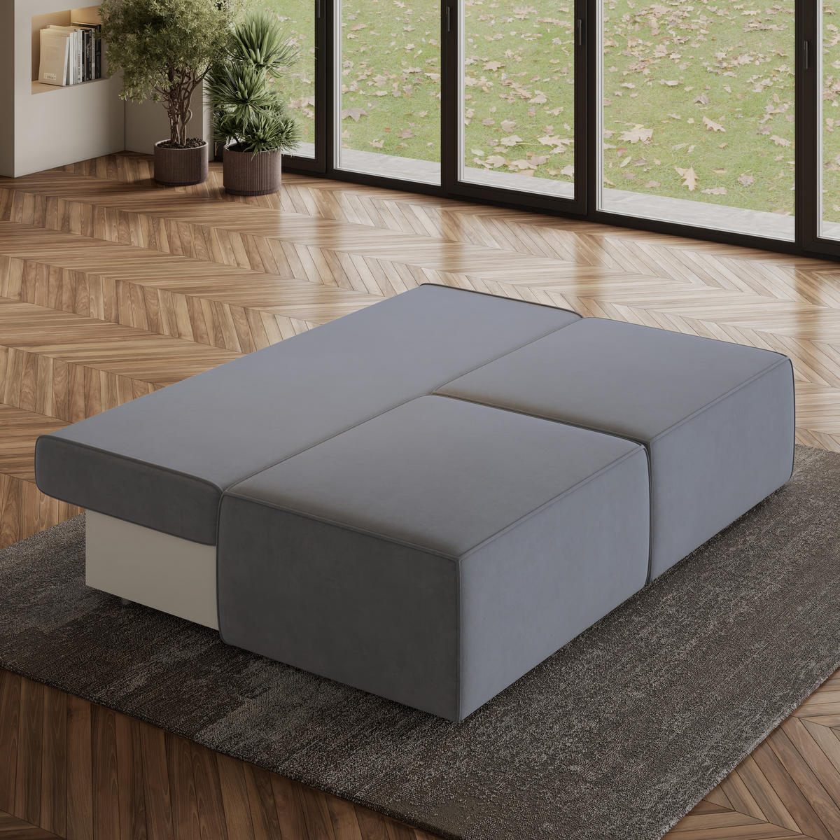 ECKSOFA VARNA M Grau Velours-Stoff mit Schlaffunktion - Grau, Holz (196/158cm) - MASSENO